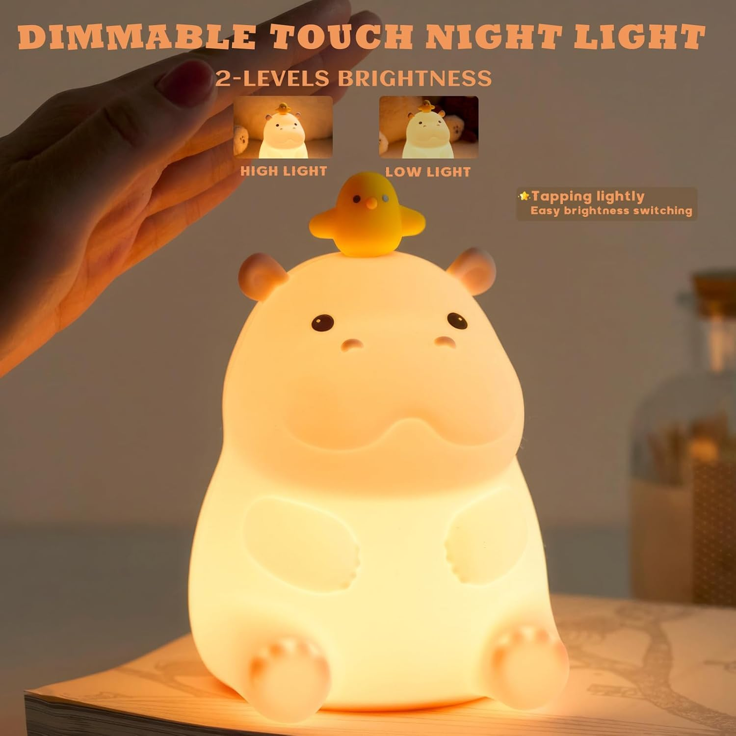 Hippo Night Light for Kids, Silicone Dimmable Touch Lamp with 2 Lighting Modes, USB Rechargeable Lamp for Bedroom Children'S Room, Portable LED Night Light for Christmas Birthday (Hippo)