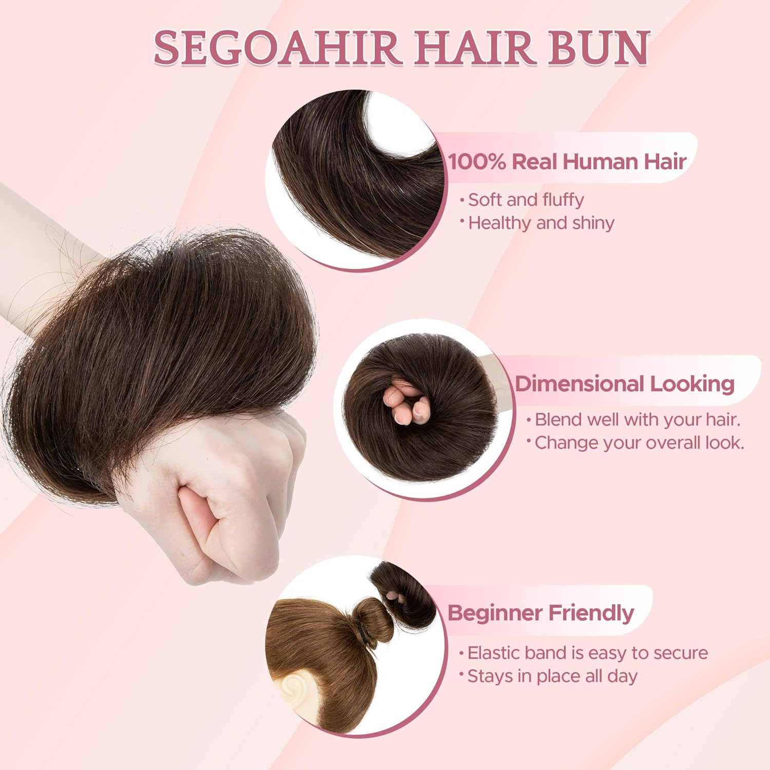 SEGOHAIR Messy Real Hair Bun Scrunchie Human Hair Piece for Women Updo Donut Bun Hairpiece Straight #02 Dark Brown image number 6