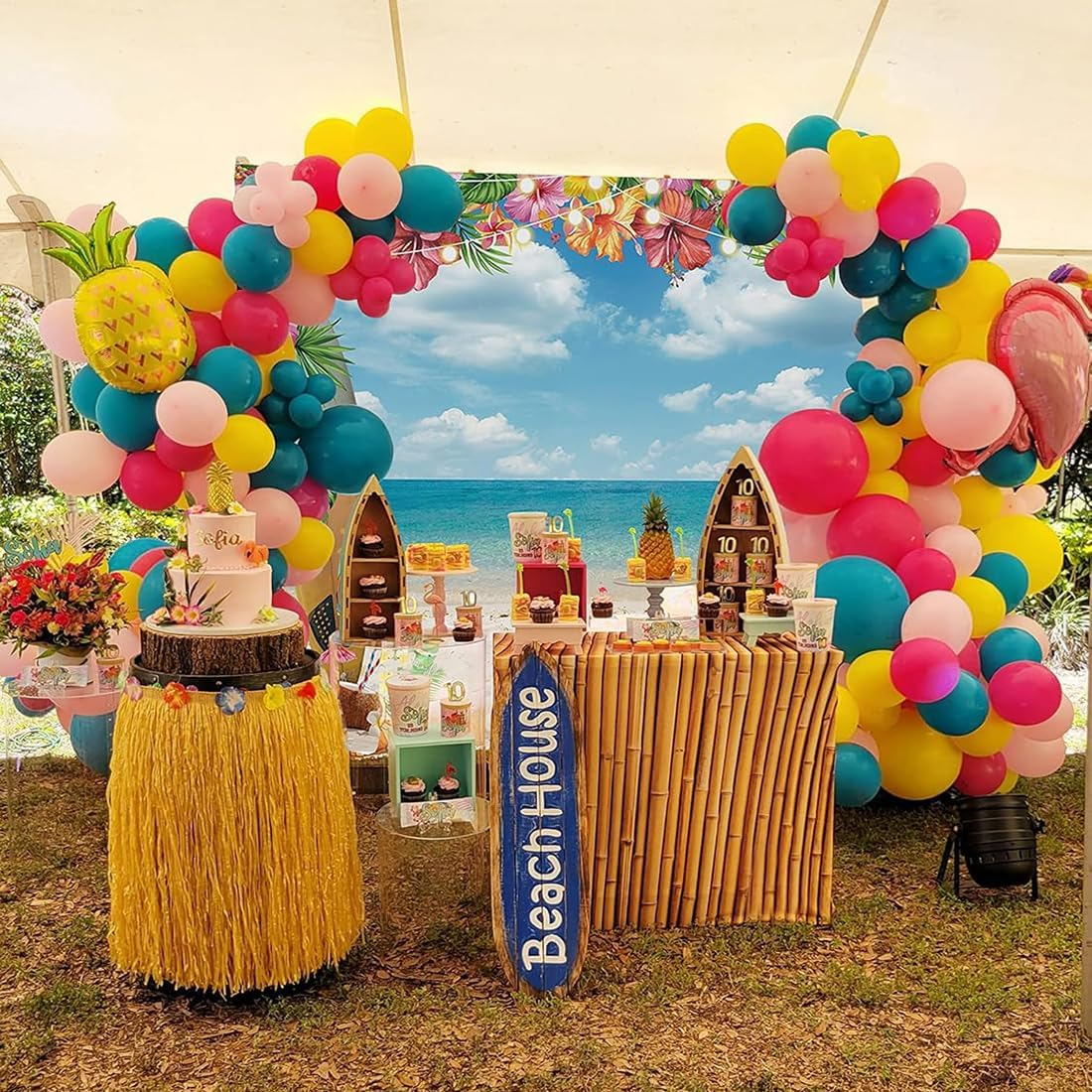 7X5Ft Summer Hawaiian Beach Backdrop for Photography, Tropical Flower Luau Hawaiian Party Decorations, Background Tropical Luau Photo Backdrop Aloha Blue Sky Ocean Palm Leaves image number 1