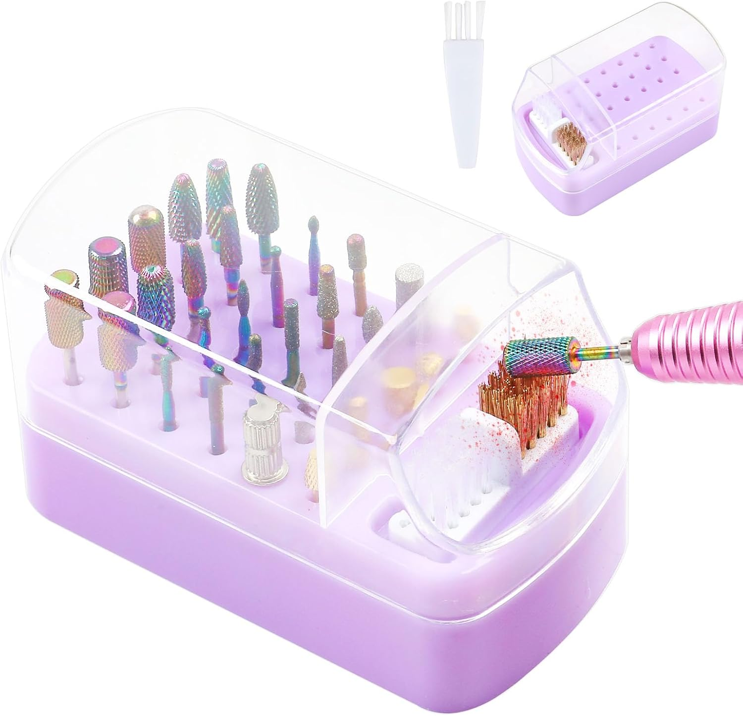 2 in 1 Nail Drill Bits Holder & Nail Drill Bits Cleaning Brush Case,30 Holes Dustproof Nail Art Drill Bits Stand Display Storage Box and Nail Drill Bits Cleaner Manicure Tools (White)