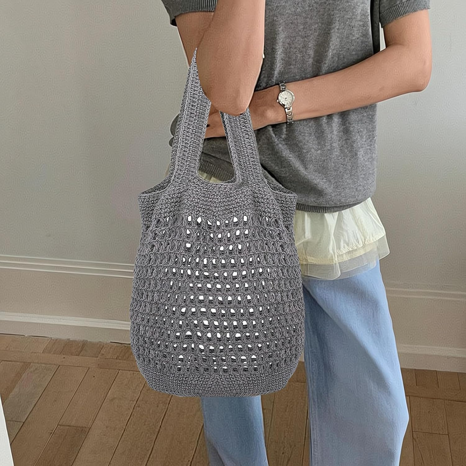 REGODI Beginner Crochet Kit with Video Tutorials - Gray Granny Square Tote Bag for Adults, Easy Knitting Kit for Beginners, DIY Craft Projects image number 1