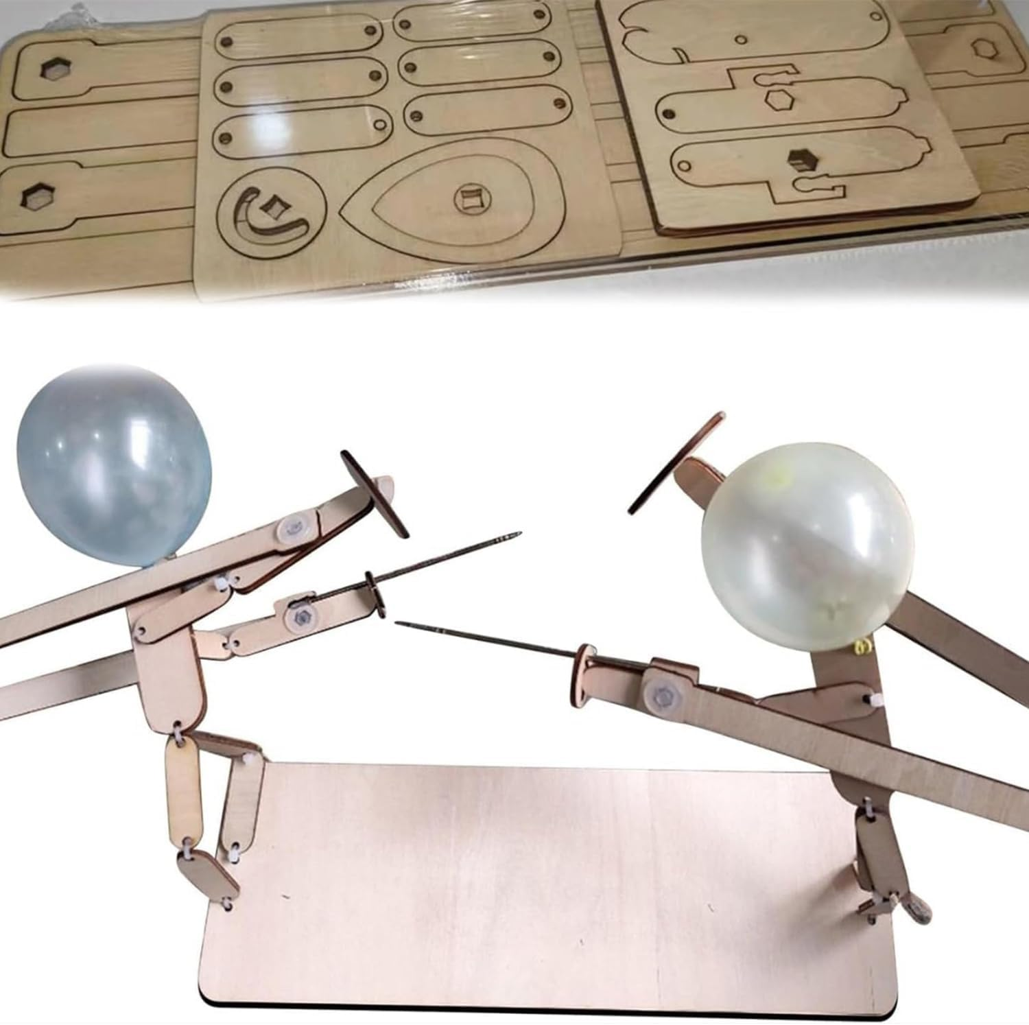 Balloon Bamboos Man Battle 2-Person Wooden Robot Battle Game Handmade Wooden DIY Bamboo Man Fghting Toy Handmade Wooden Fencing Puppets Fast-Paced Balloon Fight Whack a Balloon Party Games image number 1