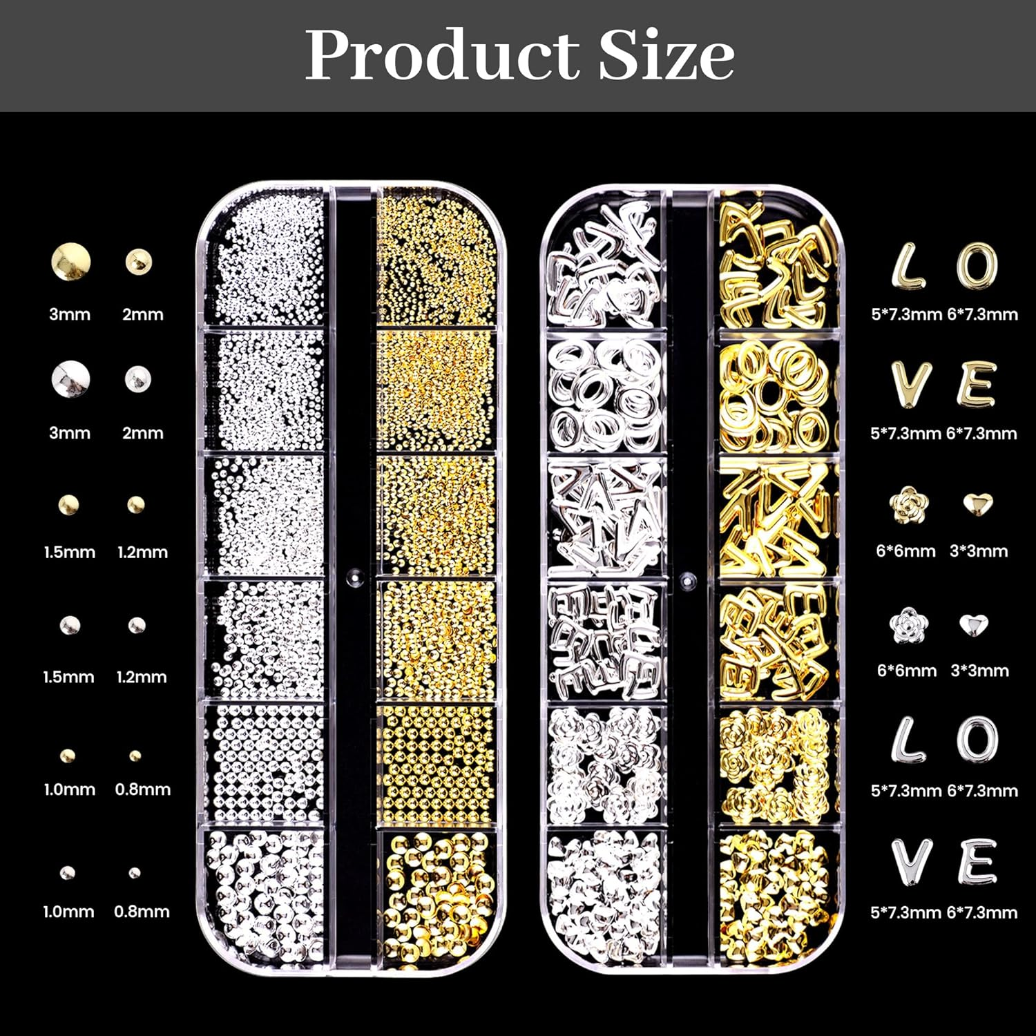 VVQWCY 4 Boxes of Nail Charms, 48 Types Charms Nails, Gold Silver Star Bows Letter Flowers Hearts Dots Nail Decoration