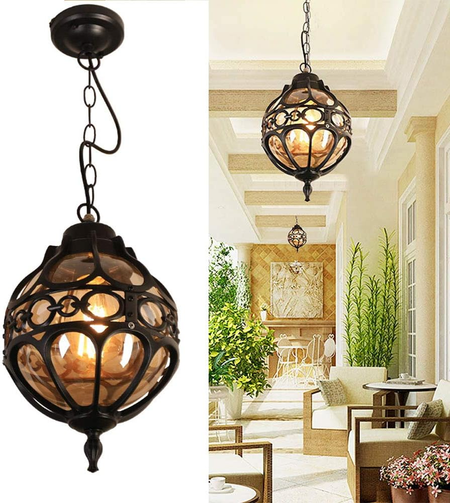 Vintage Outdoor Pendant Light, Metal Globe, 27Cm Height, 60Cm Chain, Waterproofe27,No Light Bulbs Included (Black)
