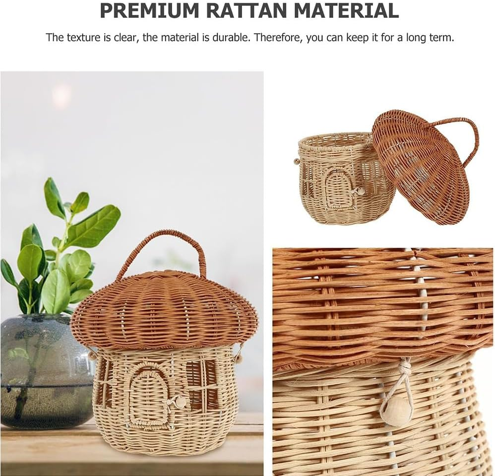 Mushroom Basket with Lid,Handwoven Decorative Storage Box,Decorative Woven Handle Basket Fruit Baskets,For Bedroom,Closet,Shelves,Laundry & Toy Storage,Photography Props,Eco-Friendly & Durable image number 3