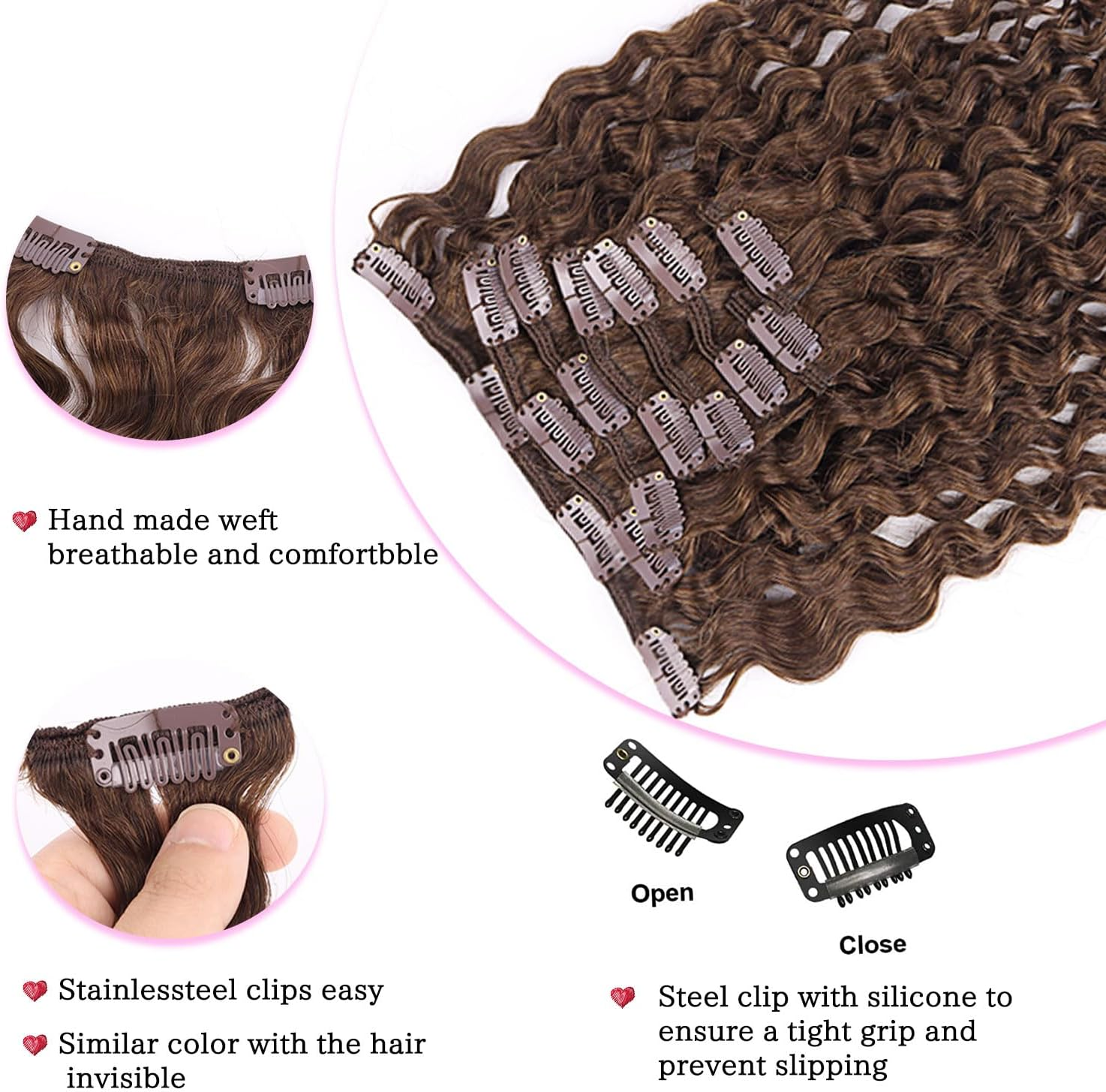 Fulang Hair Kinky Curly Clip-In Hair Extensions Real Hair 45 Cm 8 Pieces 120 G Dark Brown Hair Pieces Real Hair Extensions Clip-In Hair Extensions for Women image number 3