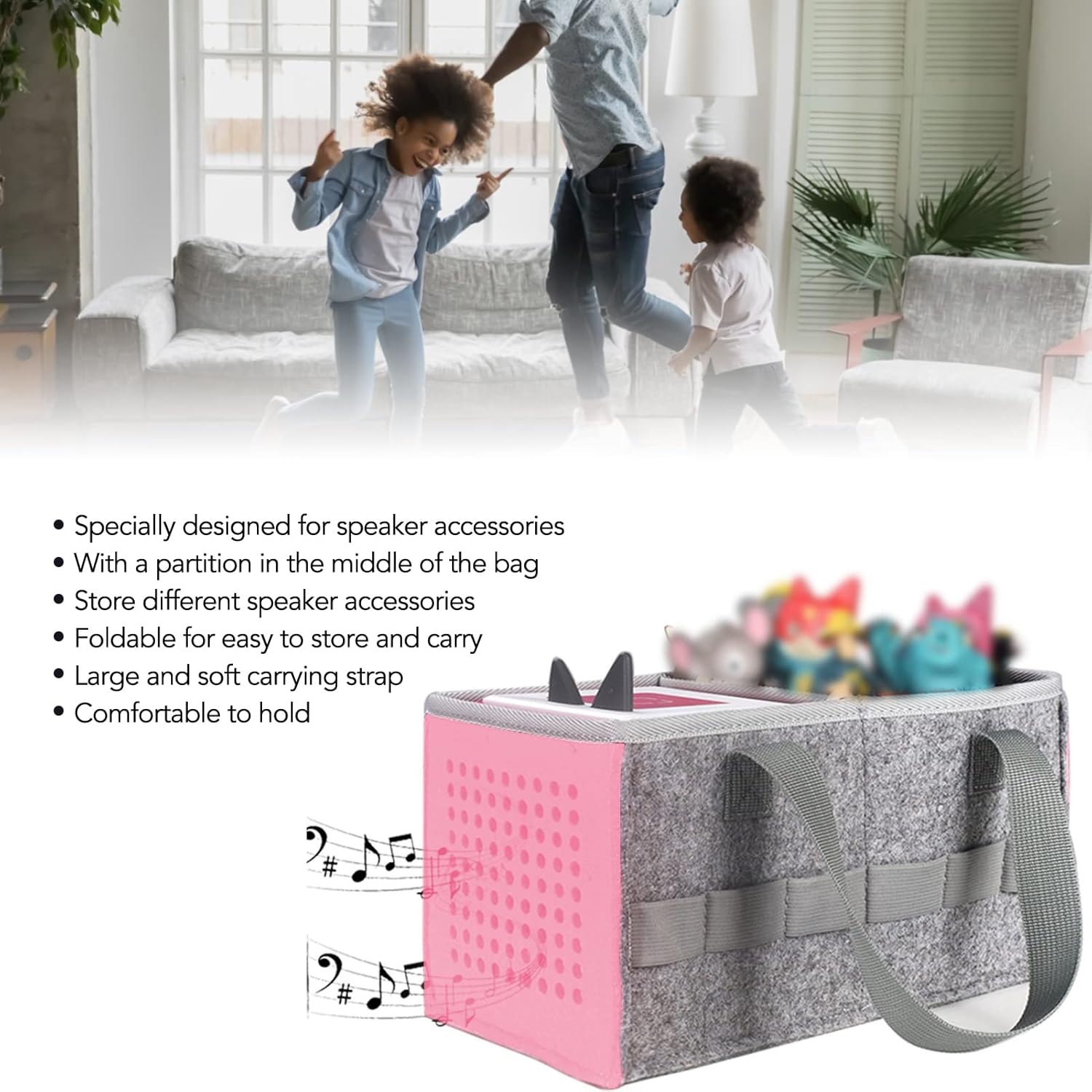 Case for Toniebox Starter Set, Large Space Portable Felt Home Outdoor Hand Bag, Foldable Tonies Carrying Case with Partition, 6 Elastic Straps, for Tonies Audio Player and Dolls - Pink image number 6