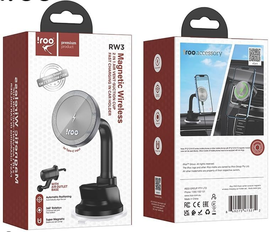 Iroo RW3 | Fast 15W Magnetic Wireless Charging Dashboard/Windscreen/Air Ven Univeral Phone Holder image number 6