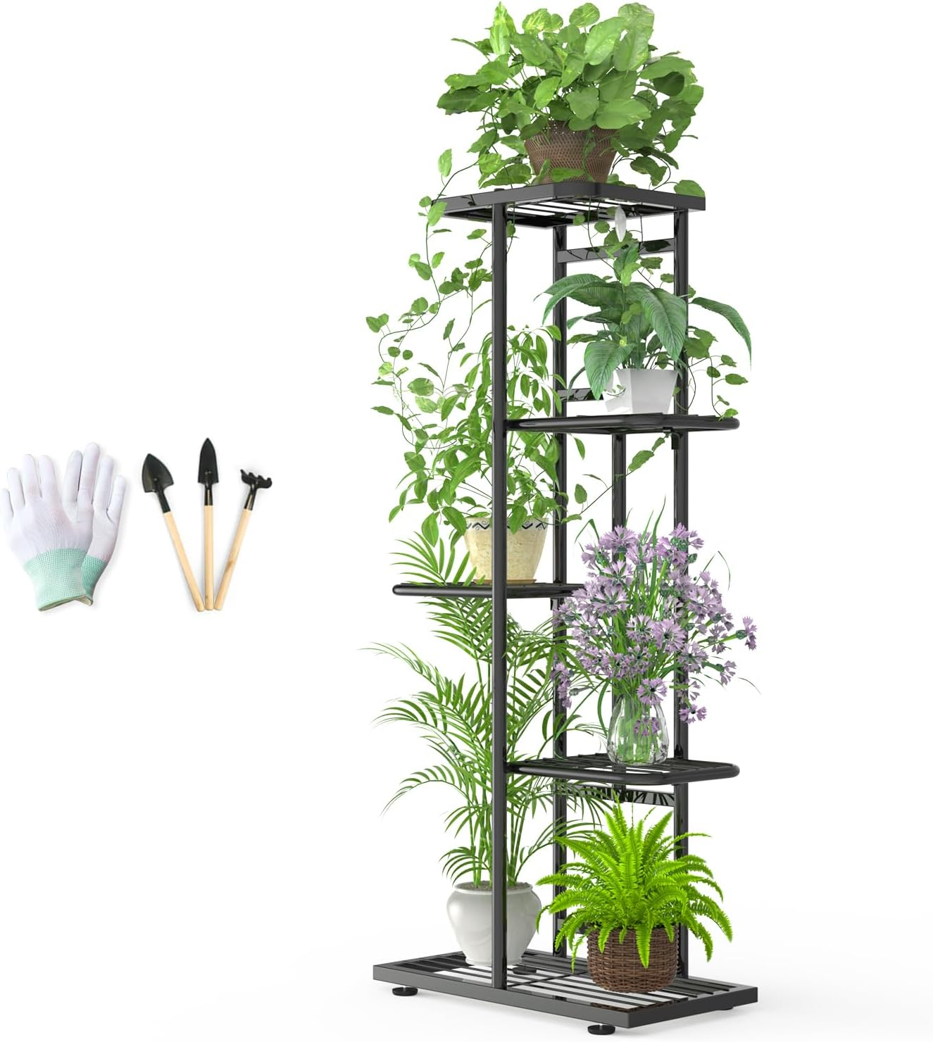 Corner Plant Stand Indoor 5 Tier 6 Potted with Gardening Tools and Gloves,Upgraded Tall Metal Plant Shelf Organizer Outdoor, Multiple Flower Pot Holder Display Rack for Patio, Garden, Balcony, Living Room