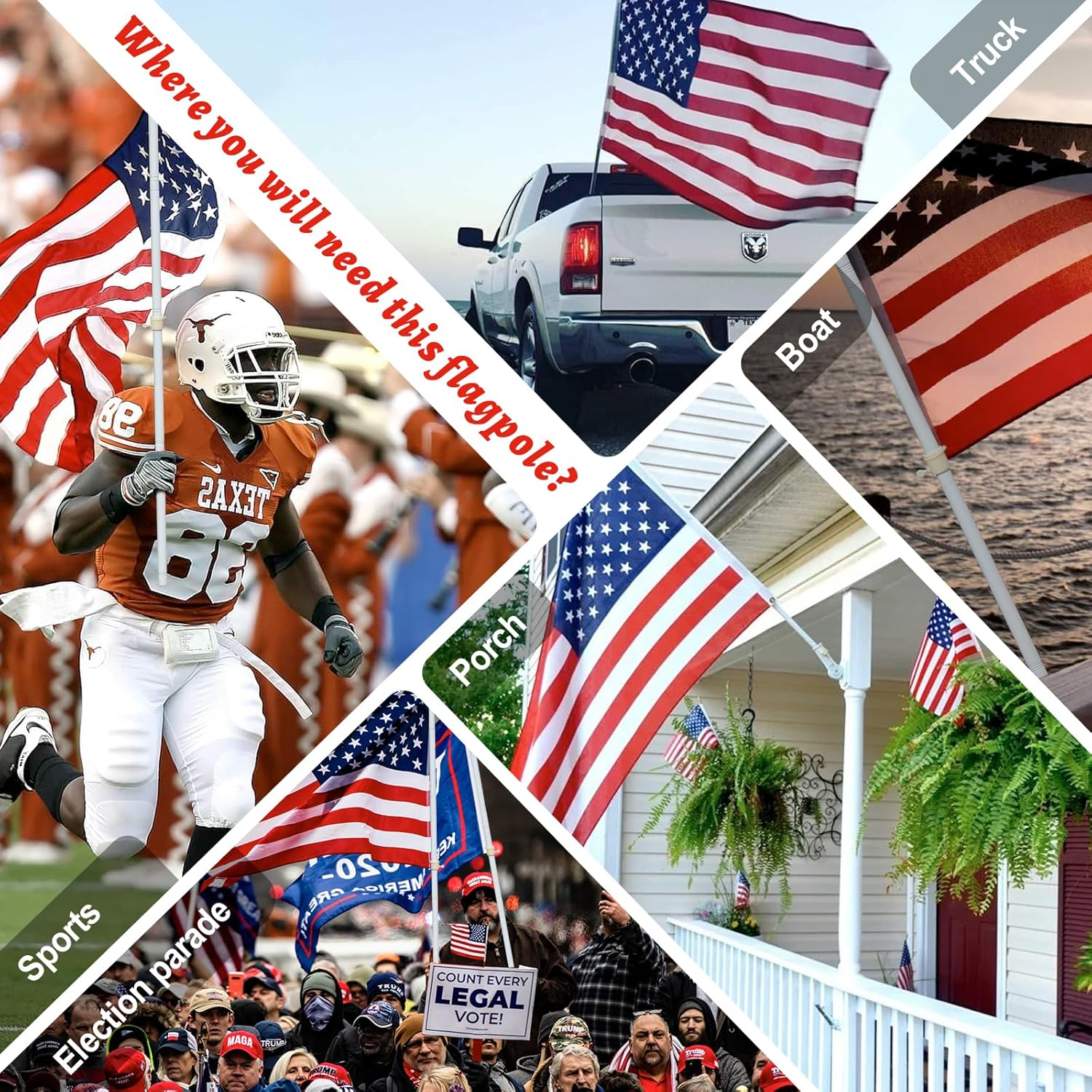 Decorative Flag Pole Kit - 7Ft Tangle Free Heavy Duty Flag Pole for outside House,Adjustable Flagpoles Residential for Outdoor Porch Garage Boat Truck, 3X5 4X6 Wall Mount & Hand Held Flagpole,White image number 6