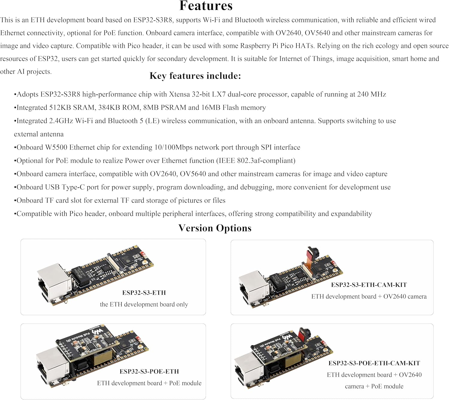 ESP32-S3 ETH Development Board, 10/100Mbps RJ45 Ethernet Port, 240Mhz Dual Core Processor, Onboard Type-C Port & TF Card Slot, Wifi & BLE & Ethernet Communication, with POE Module + OV2640 Camera image number 2