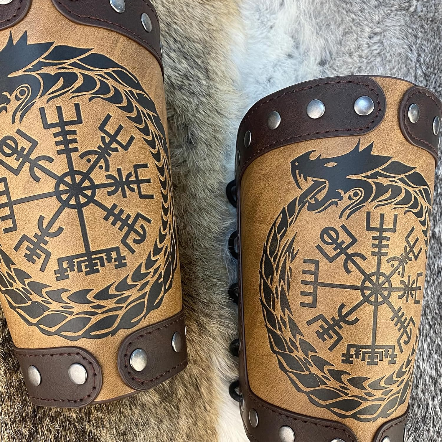 Hiifeuer Embossed Viking Symble Faux Leather Arm Armor, Viking Gauntlet Bracers, Knight Arm Guards for LARP Ren Faire image number 4