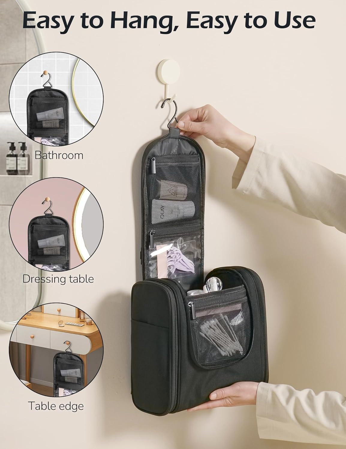 Travel Toiletry Bag for Women and Men, Travel Makeup Bag with Hanging Hook, Large Capacity Water-Resistant Organizer, Cosmetic Bathroom Travel Bag for Toiletries Accessories, Shampoo (Black) - Gray image number 4