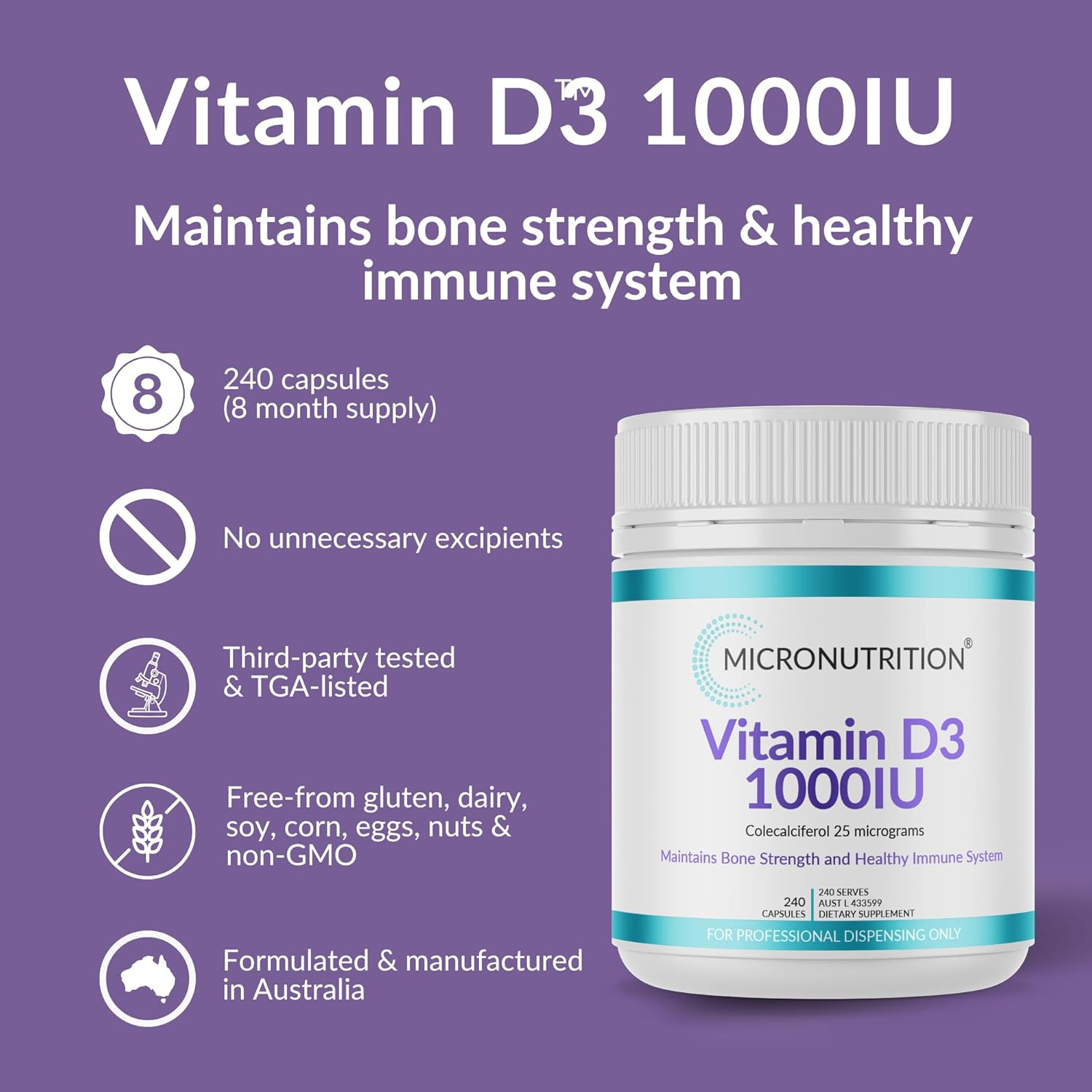 Vitamin D3 1000IU | Colecalciferol 25 Micrograms | 240 Capsules | One-A-Day | Supplement for Vitamin D Deficiency | Immune System Support | Bone Health | 240 Serves - MICRONUTRITION image number 2