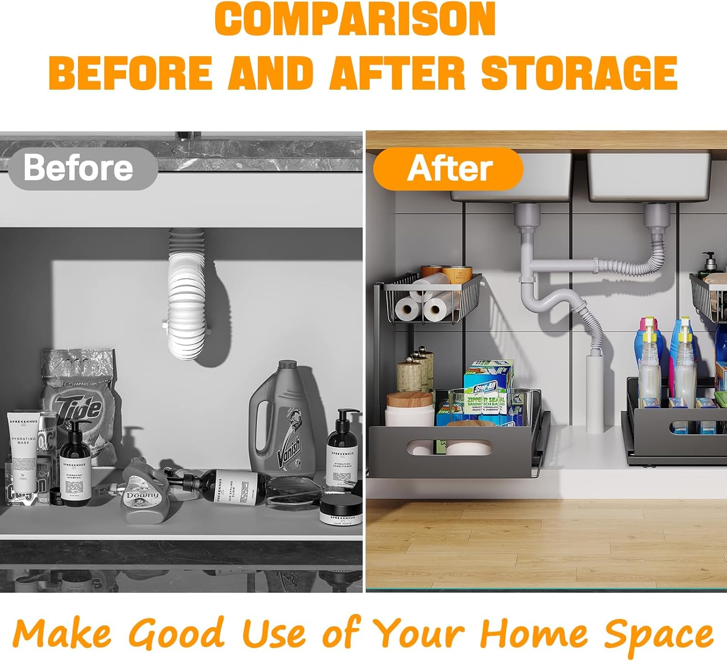 DEVA 2 Pack under Sink Organiser, High Duty Metal under Sink Organizer and Storage & 2 Tiers Pull-Out Drawers, Kitchen Sink Organiser for Kitchen Bathroom Pantry Laundry (Black) - Black image number 4