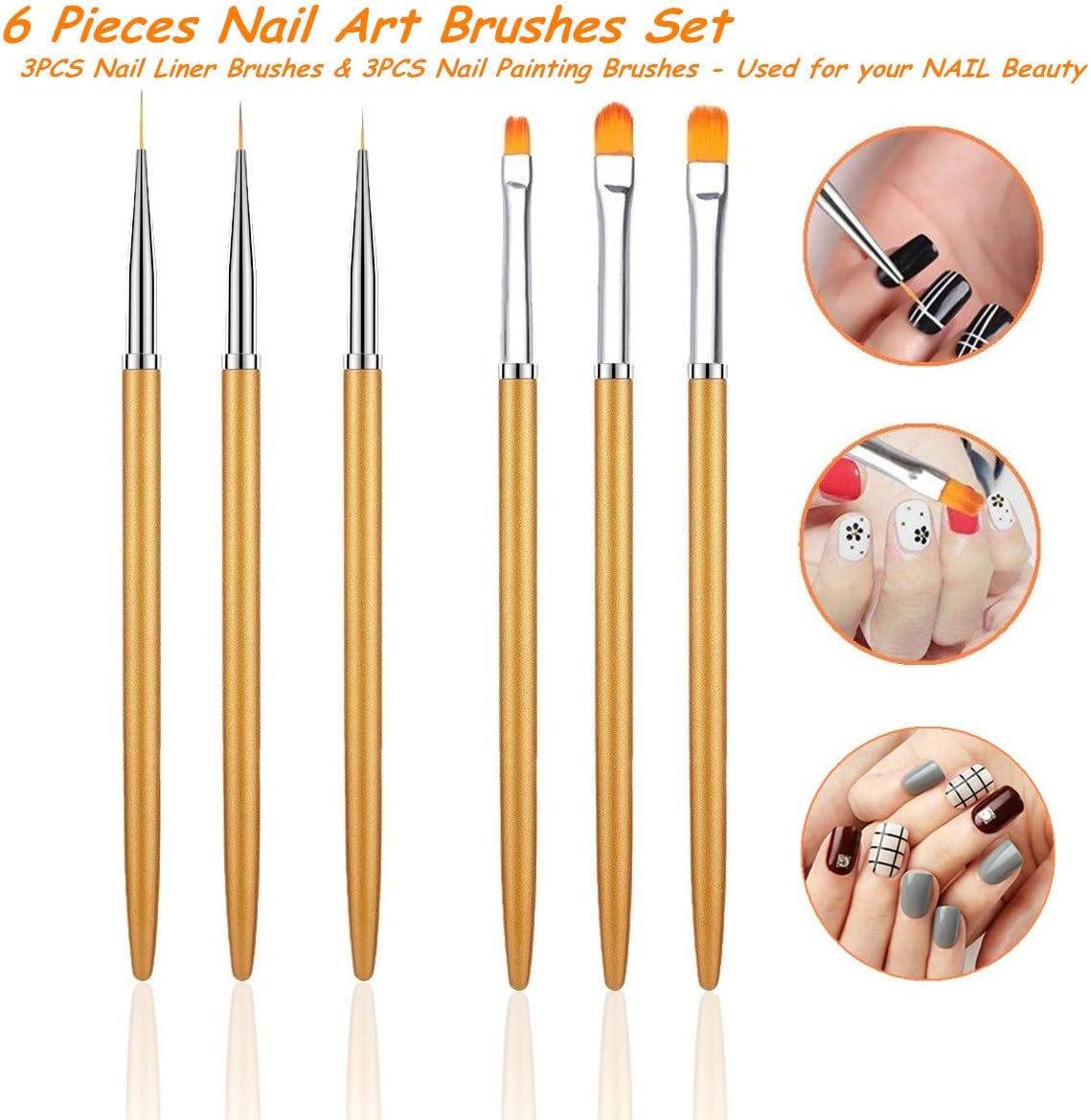 6PCS Nail Art Liner Brushes, Nail Art Brushes Set Acrylic UV Gel Glitter Drawing Painting Brushes Nylon Hair Carving Flower Pens Nails Tools (Golden Color, 7/9/11Mm, 6/8/10Mm) image number 6