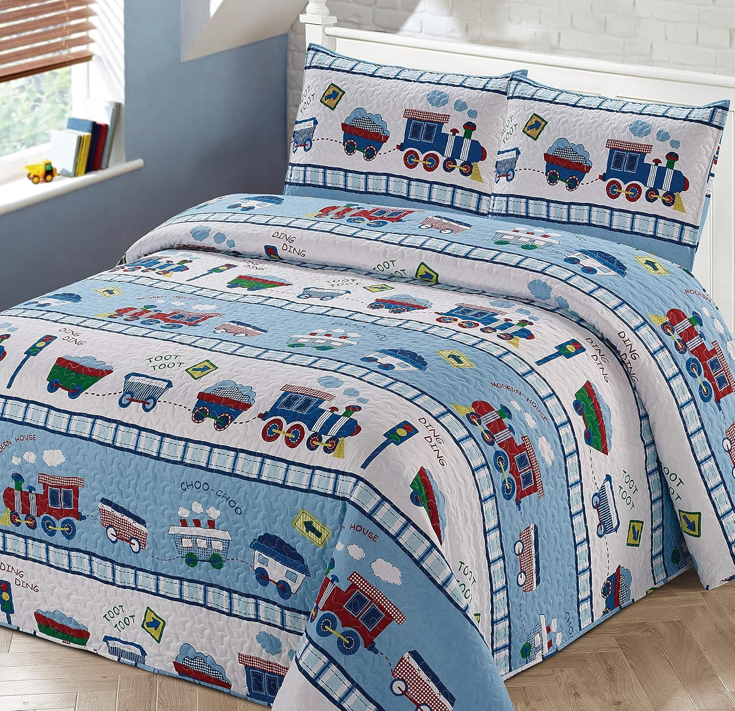 Kids Zone Home Linen Bedspread Coverlet Quilt Set for Boys Multi-Color Train Choo-Choo Rail Roads Tracks Wagon Blue White Red (Twin) image number 2