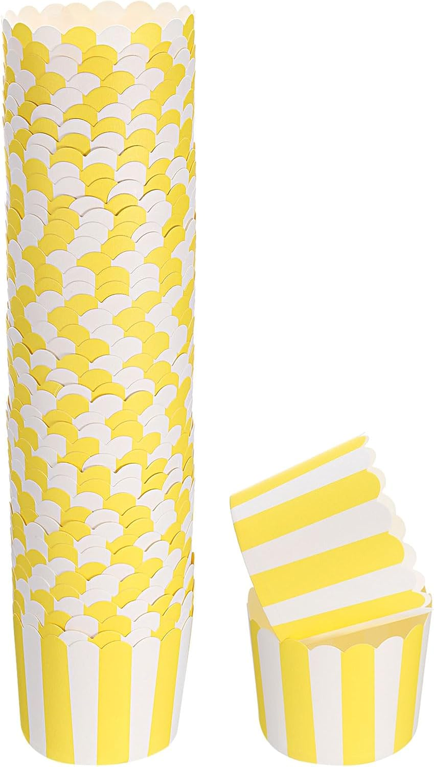 HARFINGTON 50Pcs Paper Baking Cups 6Oz Greaseproof Disposable Bulk Cupcake Muffins Liners Cases Wrappers for Wedding Birthday Graduation, Stripe Yellow