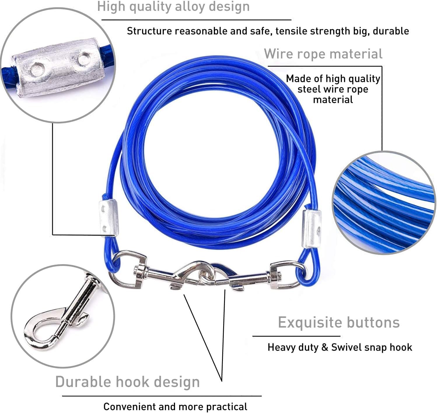 Dog Tie Out Cable and Stake, outside Dog Leash&Chain for Camping and Yard, Heavy Duty anti Rust Spiral Stake for Medium-Large Dogs up to 125 Lbs (Blue, 3M-10Ft) image number 5