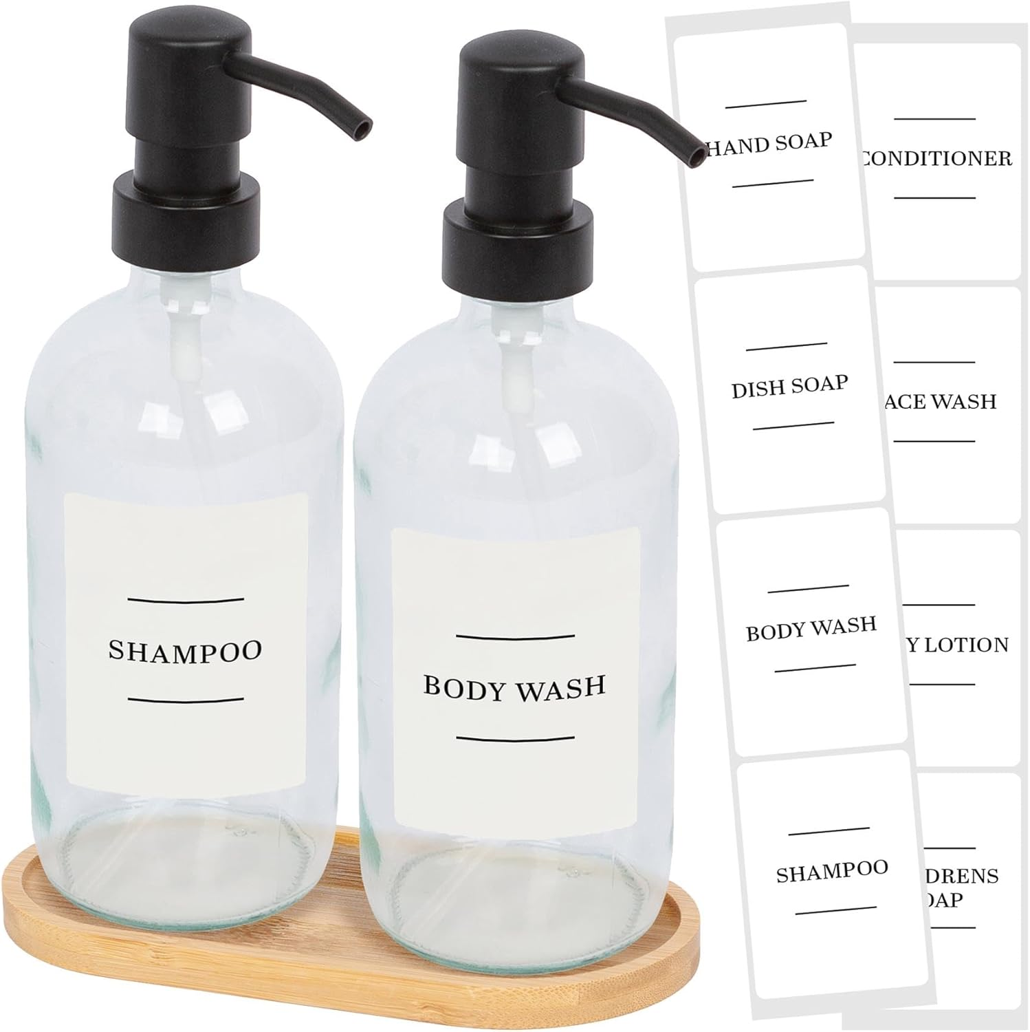 Harbour Housewares 2Pc Glass Soap Dispenser with Bamboo Tray & Labels - Amber/White - 500Ml Refillable Soap Dispensers Hand and Dish Liquid Pump for Bathroom, Kitchen, Laundry Room