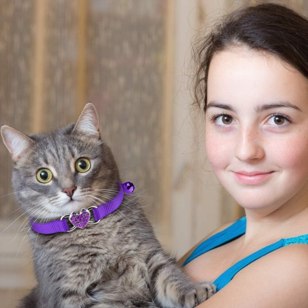 Mtliepte 2 Pcs Cat Collars Heart Bling Breakaway with Bell Nylon Adjustable for Kitty (Pink+Purple) - Black+Pink image number 6