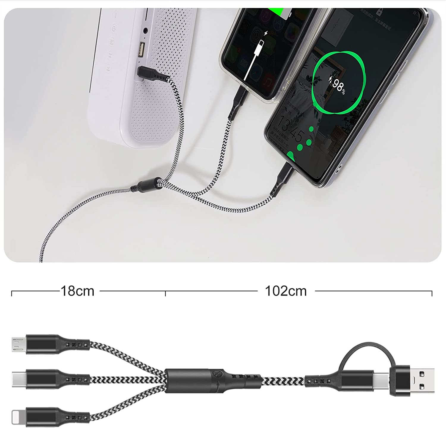Multi Charging Cable, 5 in 1 USB A/USB C Multi Charger Cable Nylon Braided Fast Charging Cord with IP Micro USB Type-C Port, Multi USB Cable for Phone 16 15 14 13 12 11 X 8 6 Samsung and More - Black image number 4
