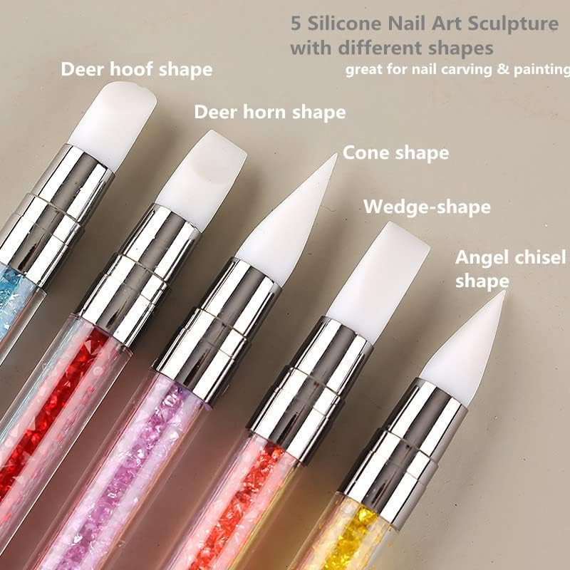 FULINJOY 5PCS Dual-Ended Nail Art Sculpture Pen Dotting Tools, Silicone Nail Polish Brushes Stainless Steel Carving Drawing Dotting Tool, Acrylic Rhinestone Handle, Nail Art Tools
