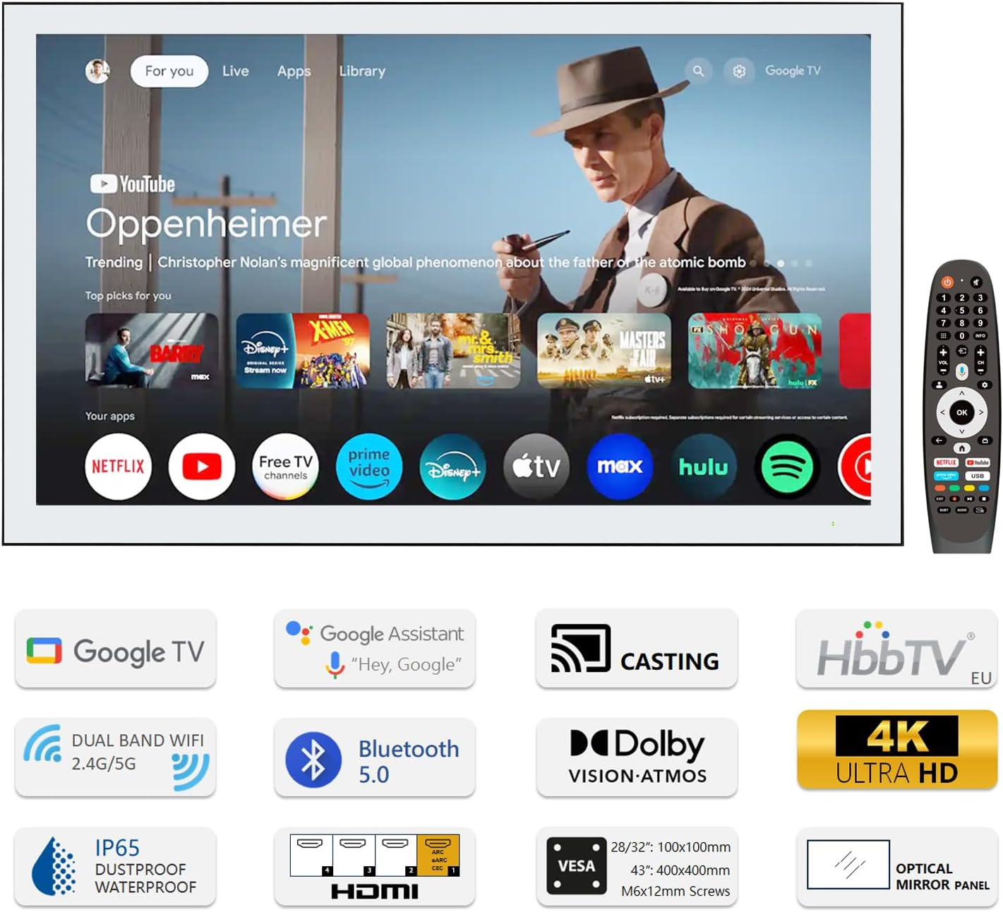 Elecsung 32 INCH Smart Mirror TV for Bathroom, 4K UHD, IPX6 Waterproof, Google, ATSC DTV Television, Voice Control with Wi-Fi & Bluetooth,The Latest Model image number 3