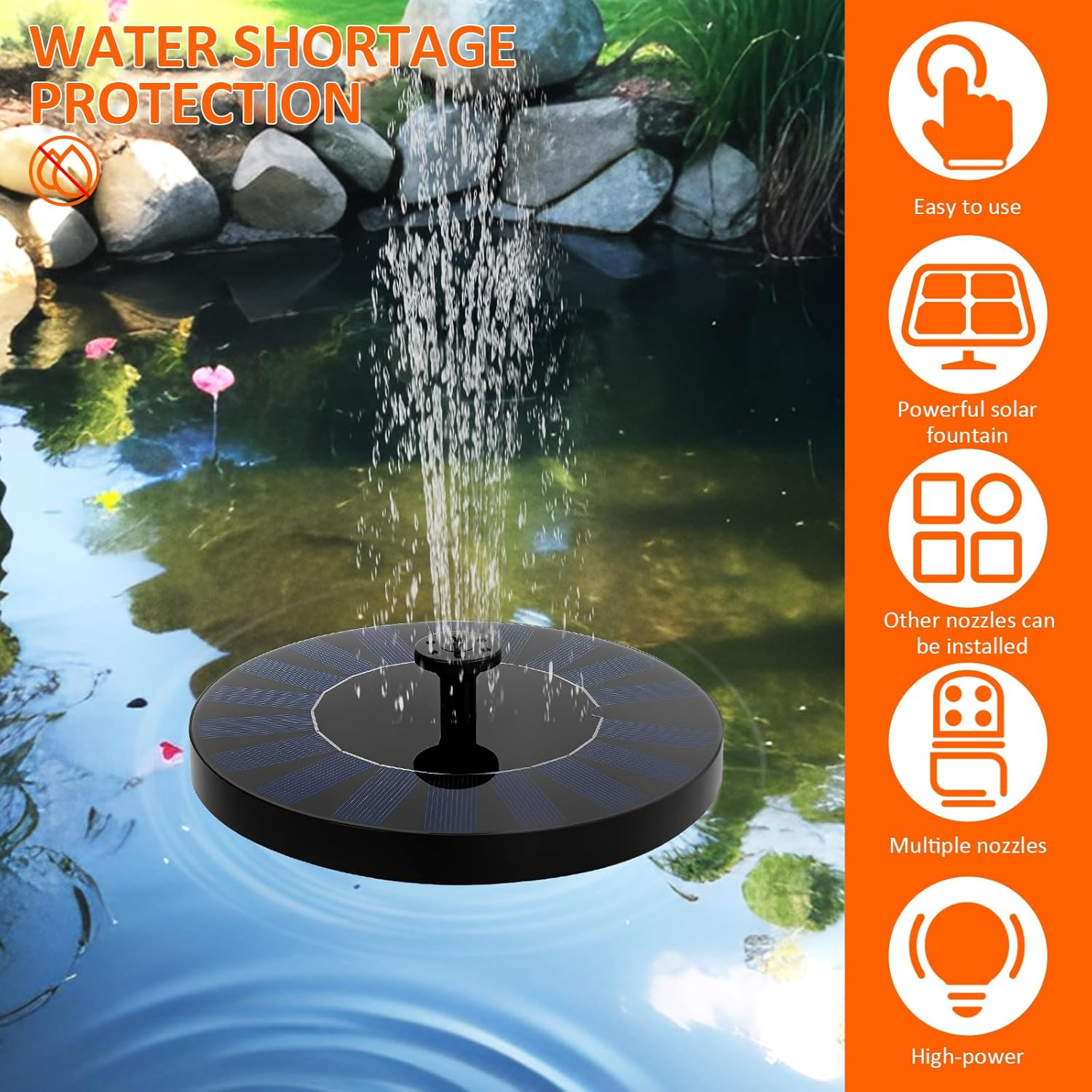 Outdoor Solar Fountain,Solar Pond Pump with 6 Fountain Styles,Easy Installation for Garden,Pond,Fish Container,Bird Bath,Swimming Pool (18Cm)