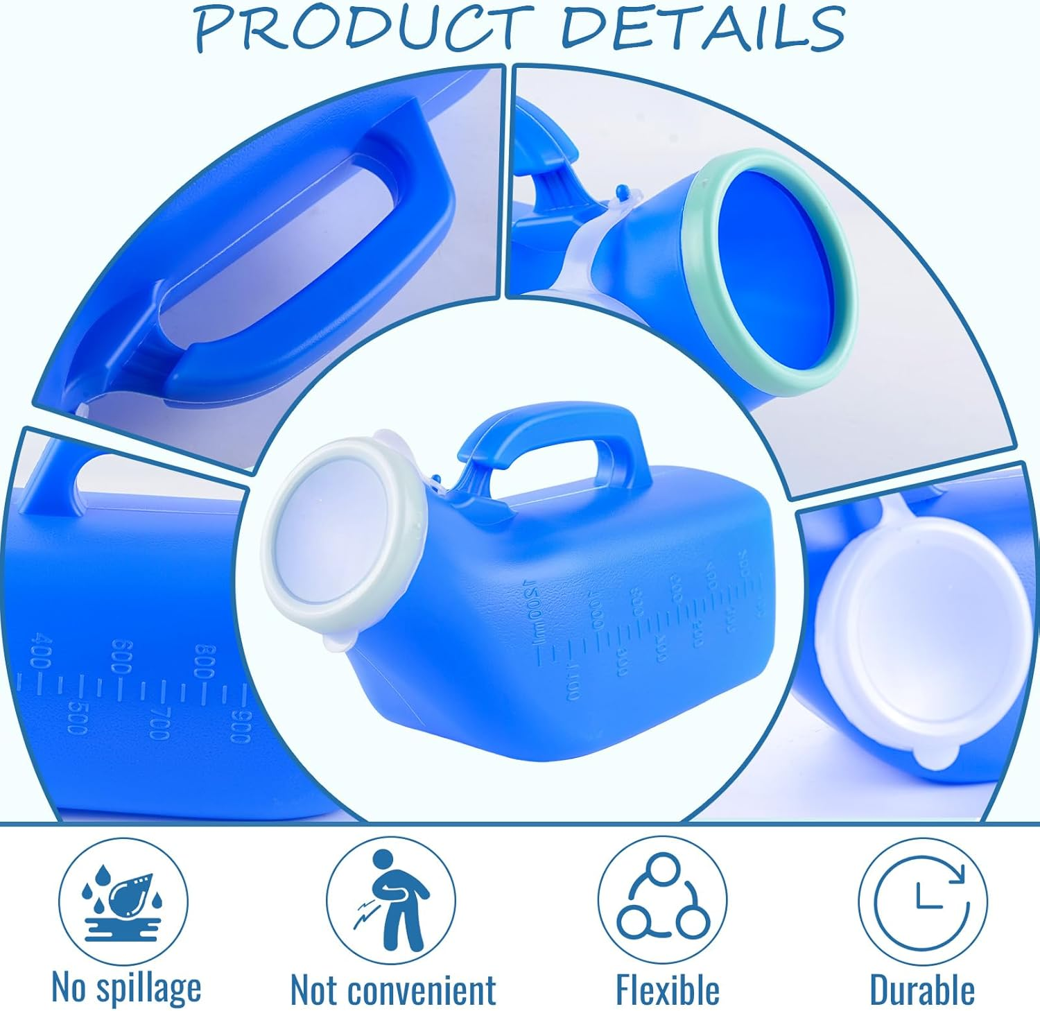 Men'S Portable Urinal with Lid 1200Ml Capacity Plastic Urine Bottle with Clear Scale for Elderly Car Use Convenient Hygienic No Spill Lightweight Handle Non Odor anti Slip Urinals for Men