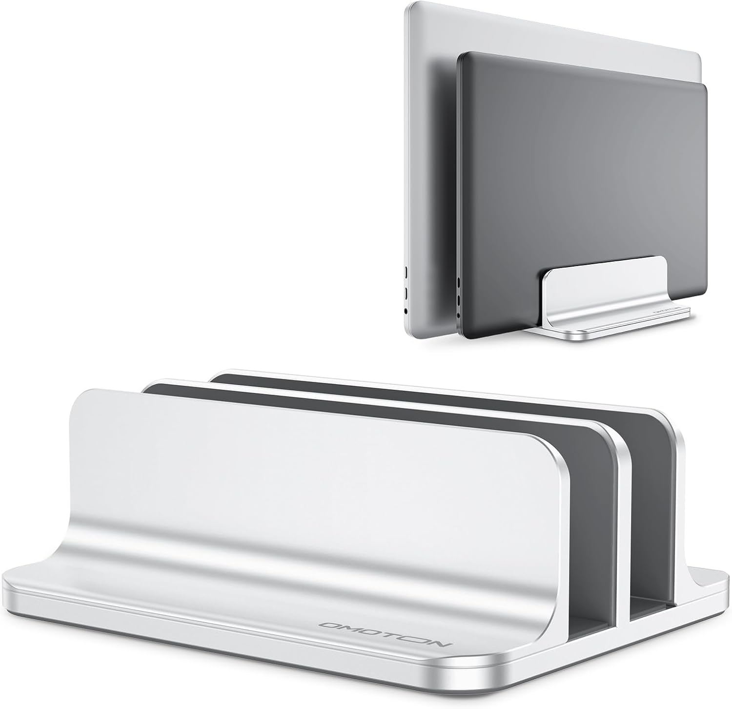 [Updated Dock Version] Vertical Laptop Stand OMOTON Double Desktop Stand Holder with Adjustable Dock (Up to 17.3 Inch) Fits All Macbook/Surface/Samsung/Hp/Dell/Chrome Book (Silver) image number 1