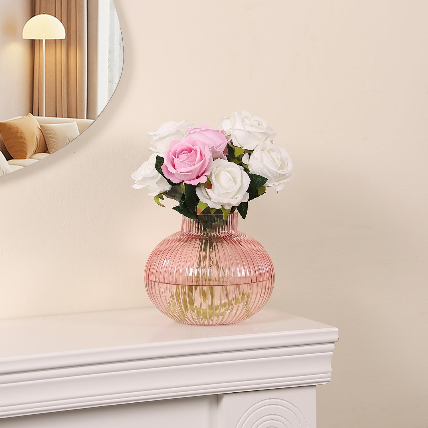 Pink Glass Vase for Flowers, Ribbed Glass Vase, round Flower Vases for Tulips, Short Vases for Living Room, Office, Coffee Table, Shelf, Wedding, 6 Inches image number 3