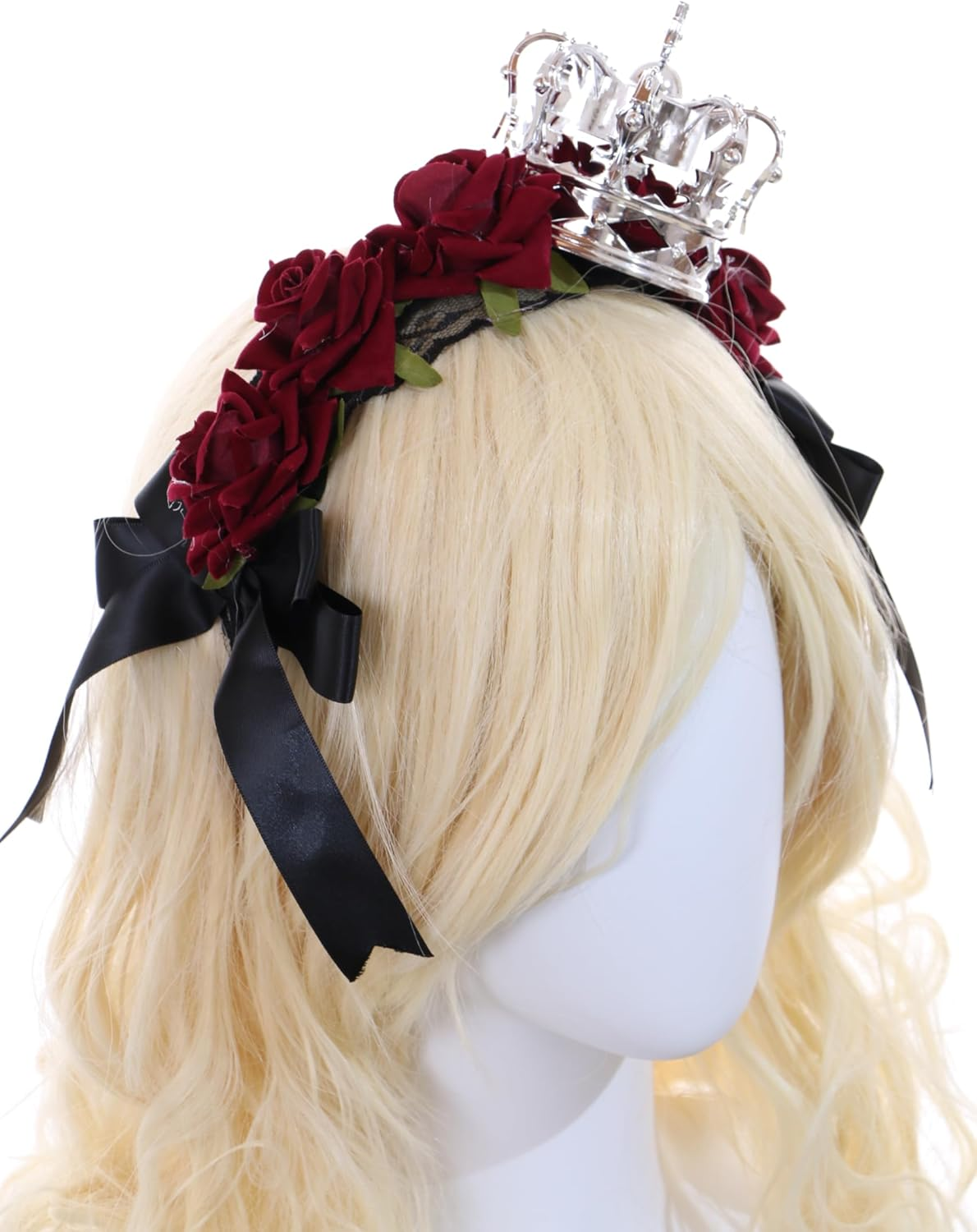 C-104-1 Silver Crown with Roses Red Lace Bow Ruffle Gothic Lolita Headband Party Celebration Hair Accessories Head Accessory image number 5