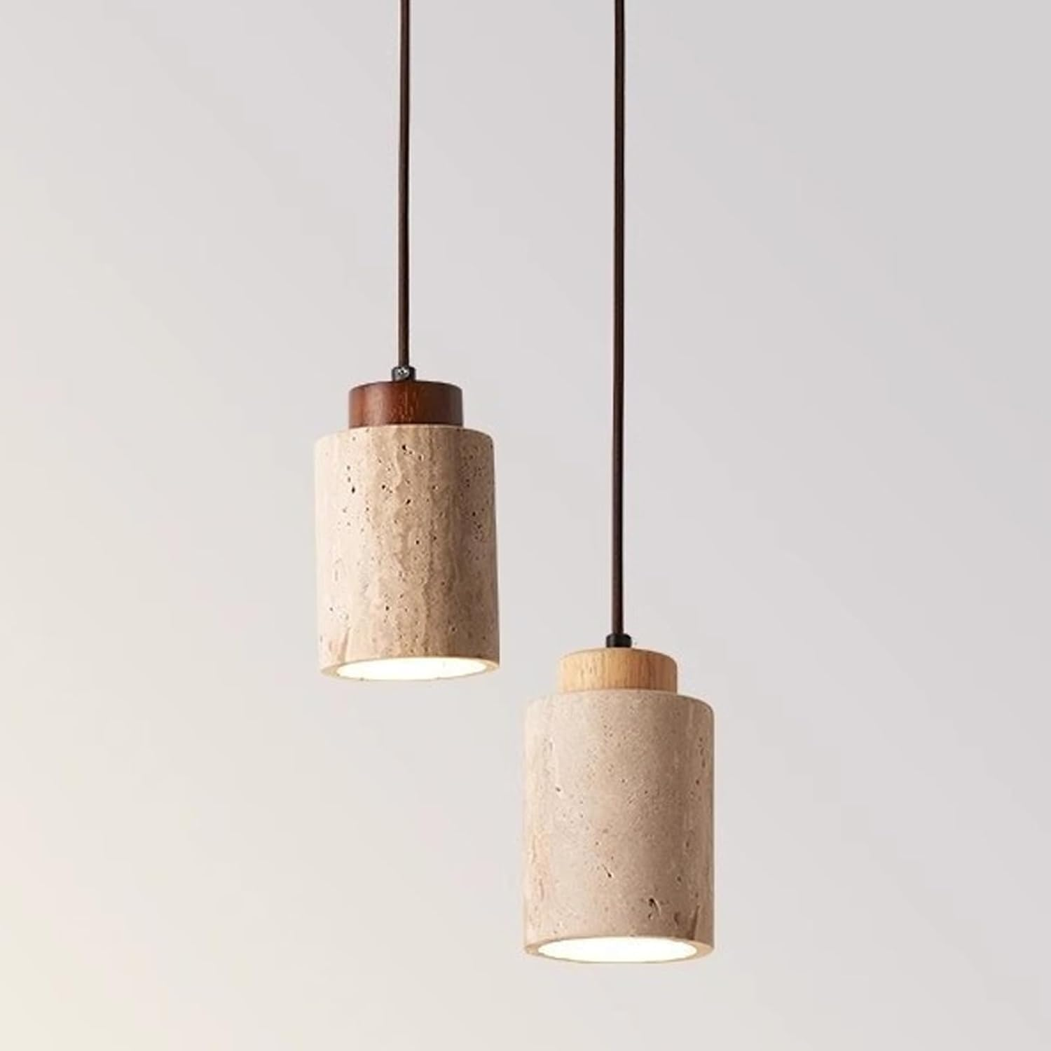 Nordic Pendant Light with Natural Stone Shade and Wood Accents, Cylinder Hanging Ceiling Light for Kitchen Island, Dining Room, Bedroom, Modern Rustic Chandelier (Walnut Color,10X17Cm) image number 6