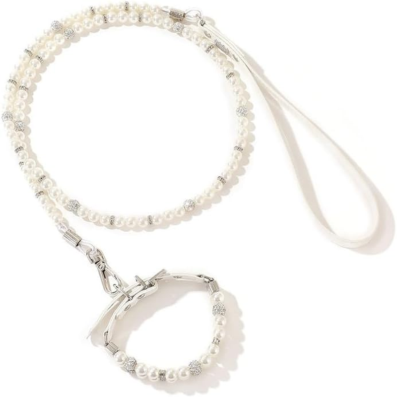 2 Pieces Dog Artificial Pearl Collars Leash Set 2 Rows Pet Imitated Pearl Necklace and Imitated Pearl Wire with Crystal Rhinestone Cat Imitated Pearl Neck Strap for Pet (White, M)