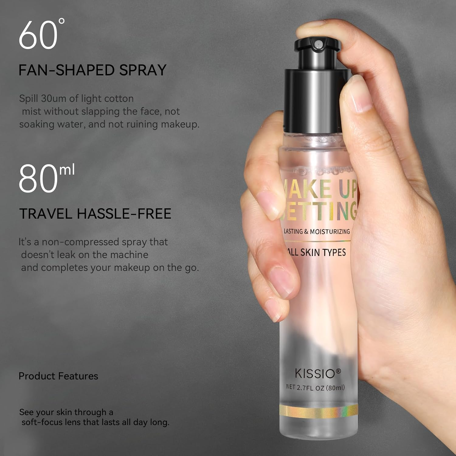 KISSIO Makeup Setting Spray,Long Lasting Setting Mist for 16HR Makeup Wear,Lightweight,Hydrating and Soothing,Fine Mist,Natural Finish for All Skin Type,80 Ml image number 5