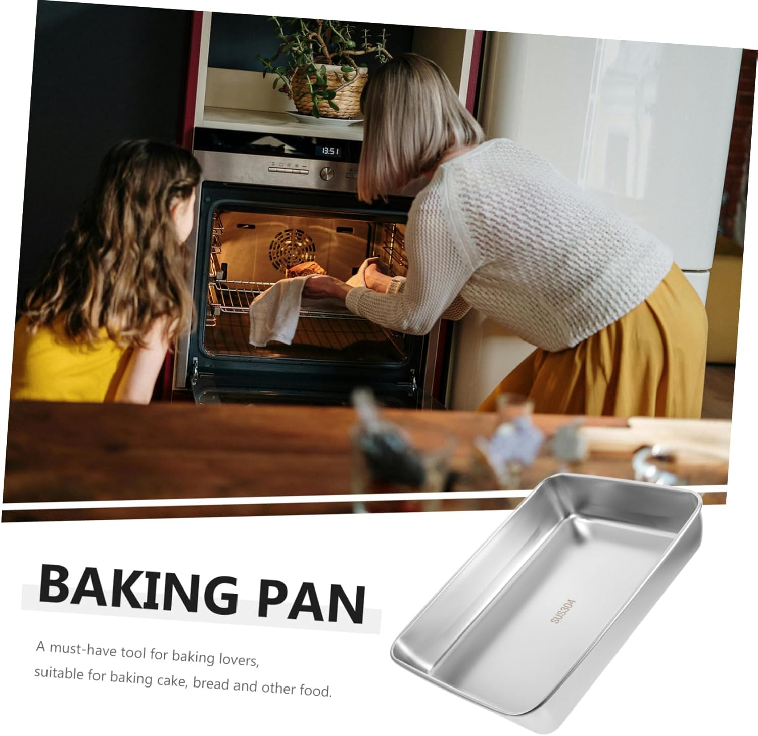 Mikinona Stainless Steel Rectangle Cake Pan Baking Tray 30.7X24.3X5.5Cm Narrow Edge Non-Coated Bread Loaf Bakeware for Home Baking Supplies