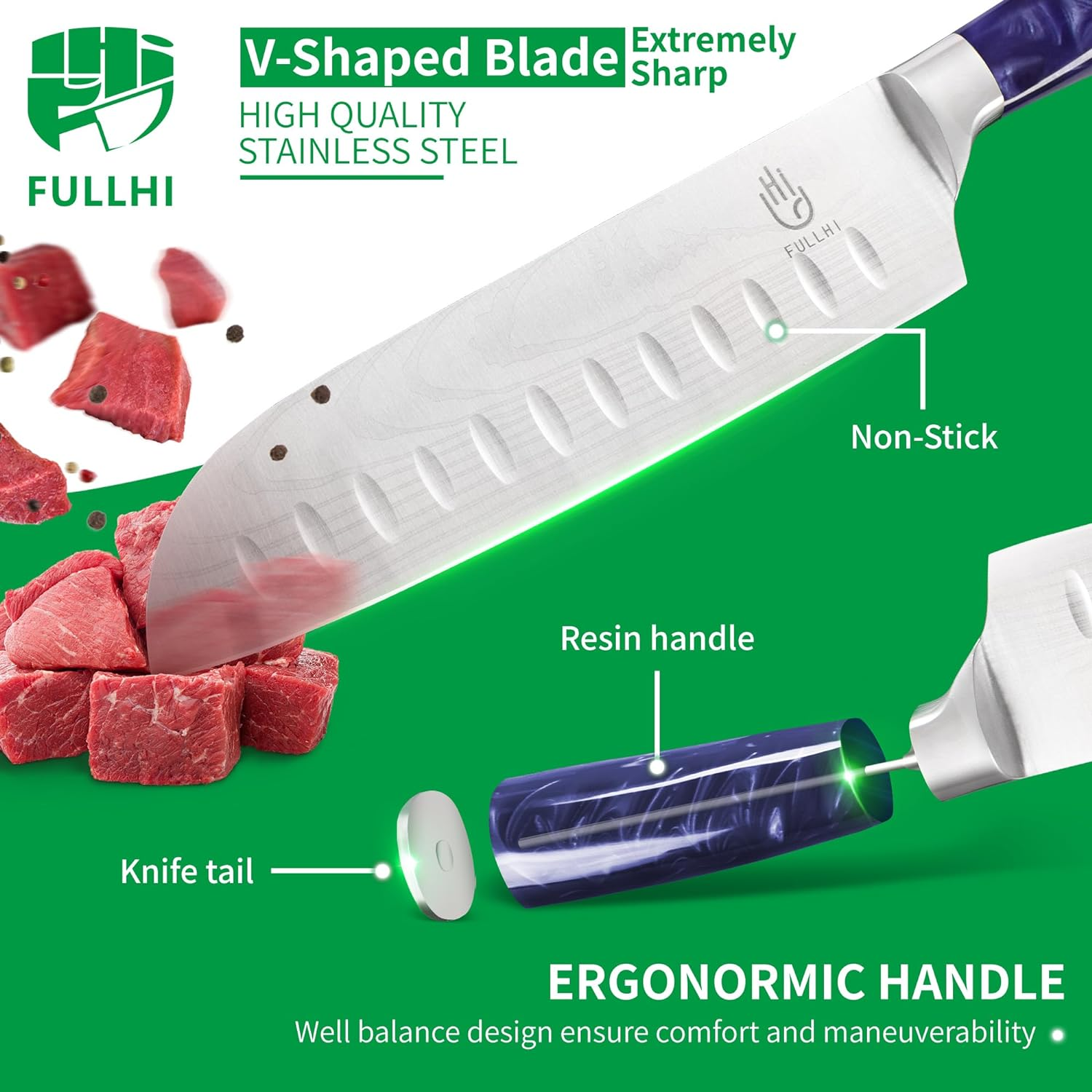 FULLHI 15Pcs Japanese Knife Set with Magnetic Knife Block Holder, Japan Stainless Steel Blades, Purple Resin Ergonomic Handles for Professional and Home Cooking&hellip; image number 6