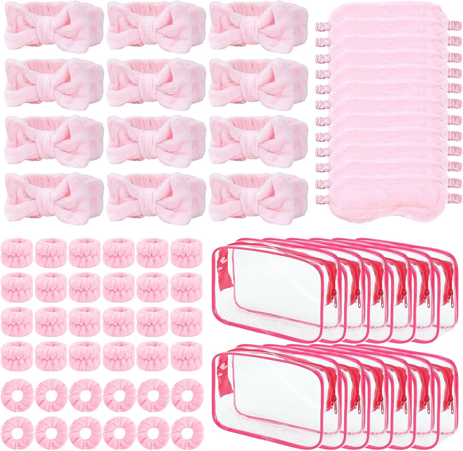 72 Pieces Spa Party Set 12 Pink Bow Headbands, 12 Eye Masks, 24 Plush Wrist Bands, 12 Hair Elastics, 12 Cosmetic Bags for Women Sleepover, Hen Party, Bridesmaid Gift image number 1