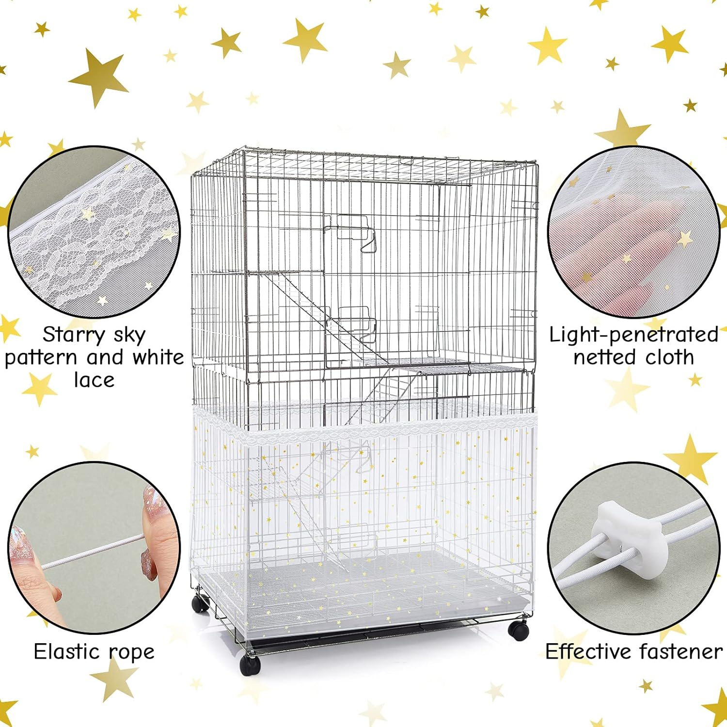 Large Bird Cage Cover Birdcage Nylon Mesh Net Cover Seed Feather Catcher Twinkle Star Universal Birdcage Cover Bird Seed Guard Skirt for Parakeet Macaw African Square Cage (White) - White image number 1