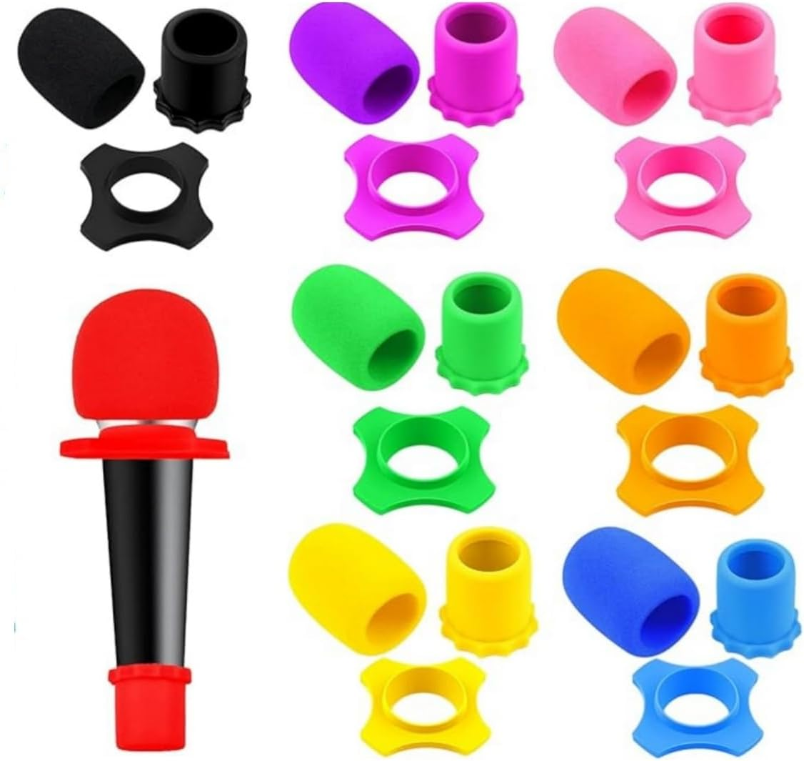 8 Set Microphone Windscreen Foam Covers, Shakeproof Anti-Rolling Mic Protection Silicone Ring, Wireless Handheld Microphone Bottom Rod Sleeve Holder, for KTV, Recording Studio (Black)