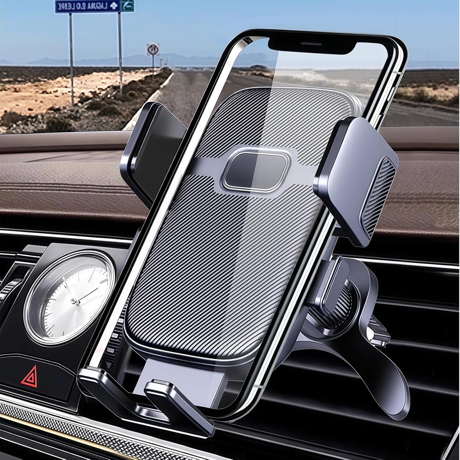 Car Vent Phone Holder with Strong Metal Hook, Triangle Stable Clip, 360&deg; Rotation & Anti-Slip Silicone, Fit for Dashboard Air Vents, Compatible with 4" - 7" Smartphones (Black)