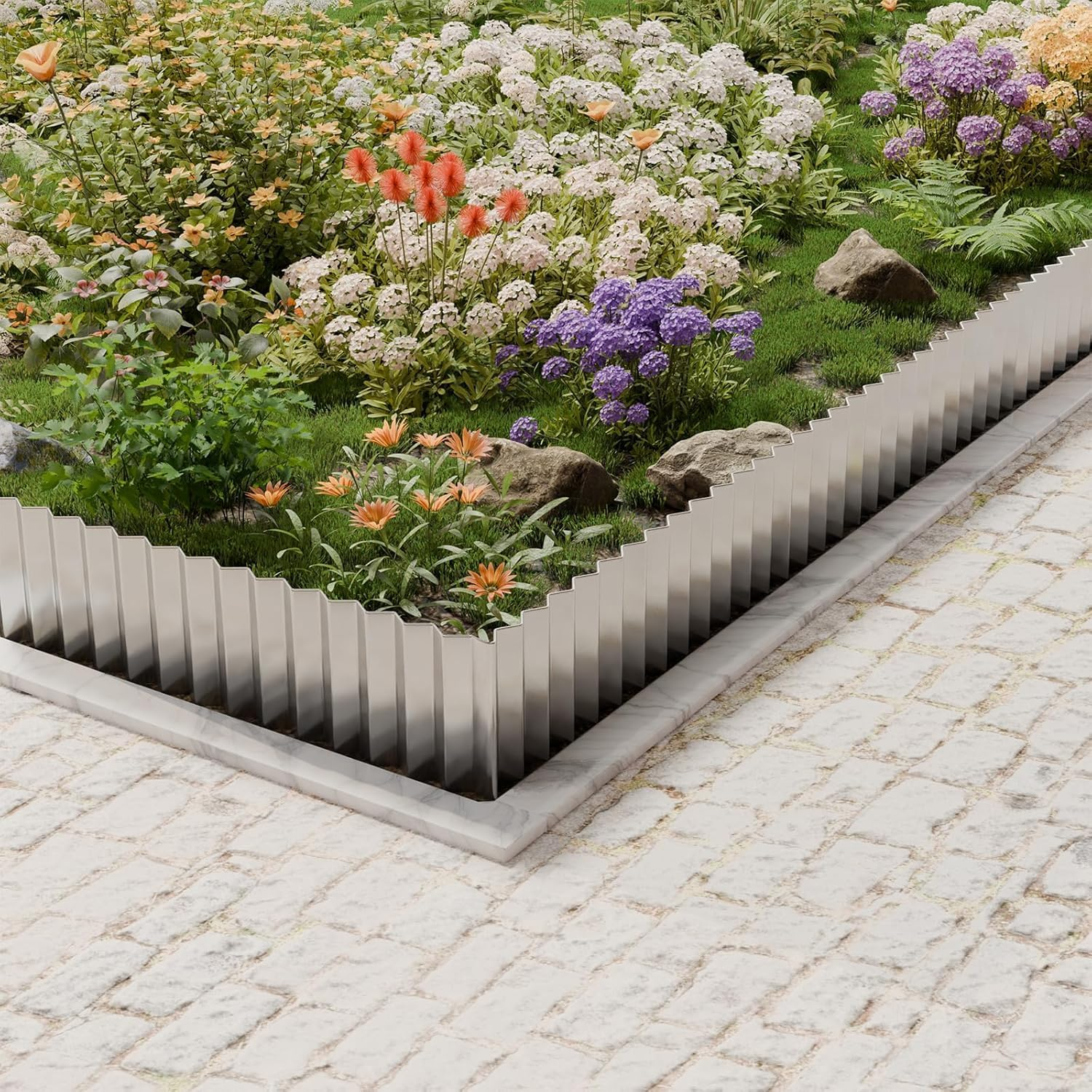 AUTENS 20Ft Corrugated Metal Garden Edging, Metal Landscape Edging for Lawn, Flower Bed, Garden Fence, Paver Edging, Flower Bed Border Flexible Curred or Cut as Needed (Silver, 20Ft*6Inch) image number 3
