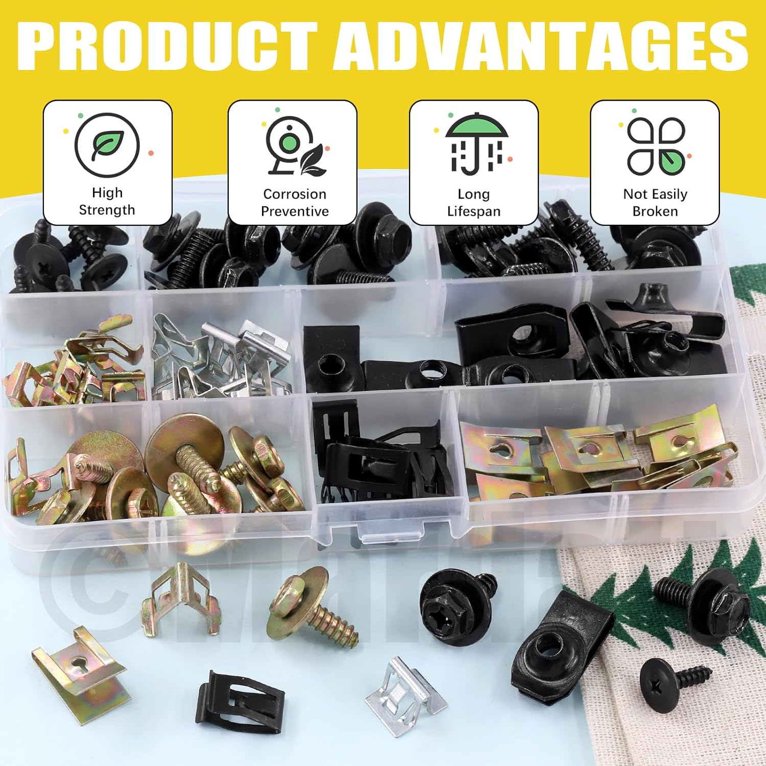 Mardatt 72Pcs Engine under Cover Body Bolts Screws, Metal Trim Panel Spring Clips and U-Clip Kit, Auto Car Splash Shield Guard Body Bolts Fastener with Screws U-Nuts Trim Moulding Clip for Cars image number 2