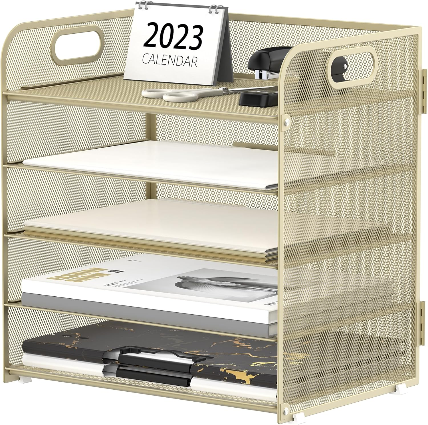 SUPEASY 5 Tier Desk Organizer with Handle & Removable Pen Holders, Mesh Paper/File Organizer for Desk, Paper Letter Tray Organizer for Office Supplies (Purple)