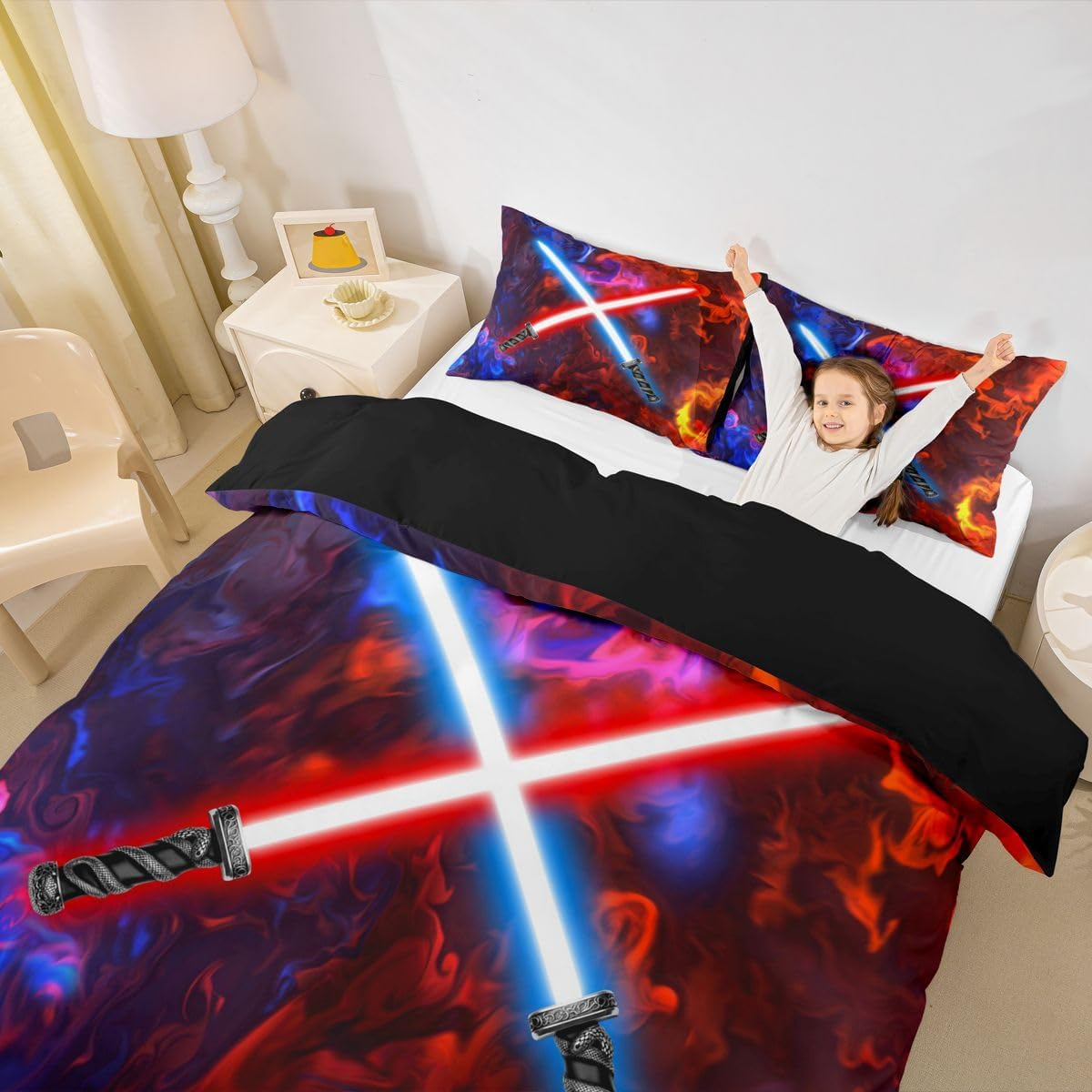 Feelyou Lightsaber Duvet Cover Lightning Red Blue Smokey Galaxy Bedding Set Future Technology Comforter Cover for Boys Girls Children Teens Bedroom Decor Bedspread Cover King Size with 2 Pillow Case image number 2