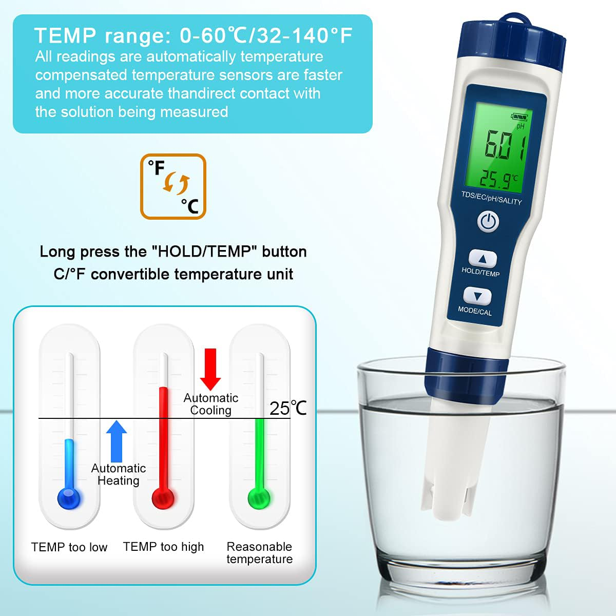 Pool Salt Tester, 5 in 1 Ph and Salt Meter for Saltwater Pool Ph and Salinity Digital Tester, Fish Pond Salt Level Testing Professional image number 1