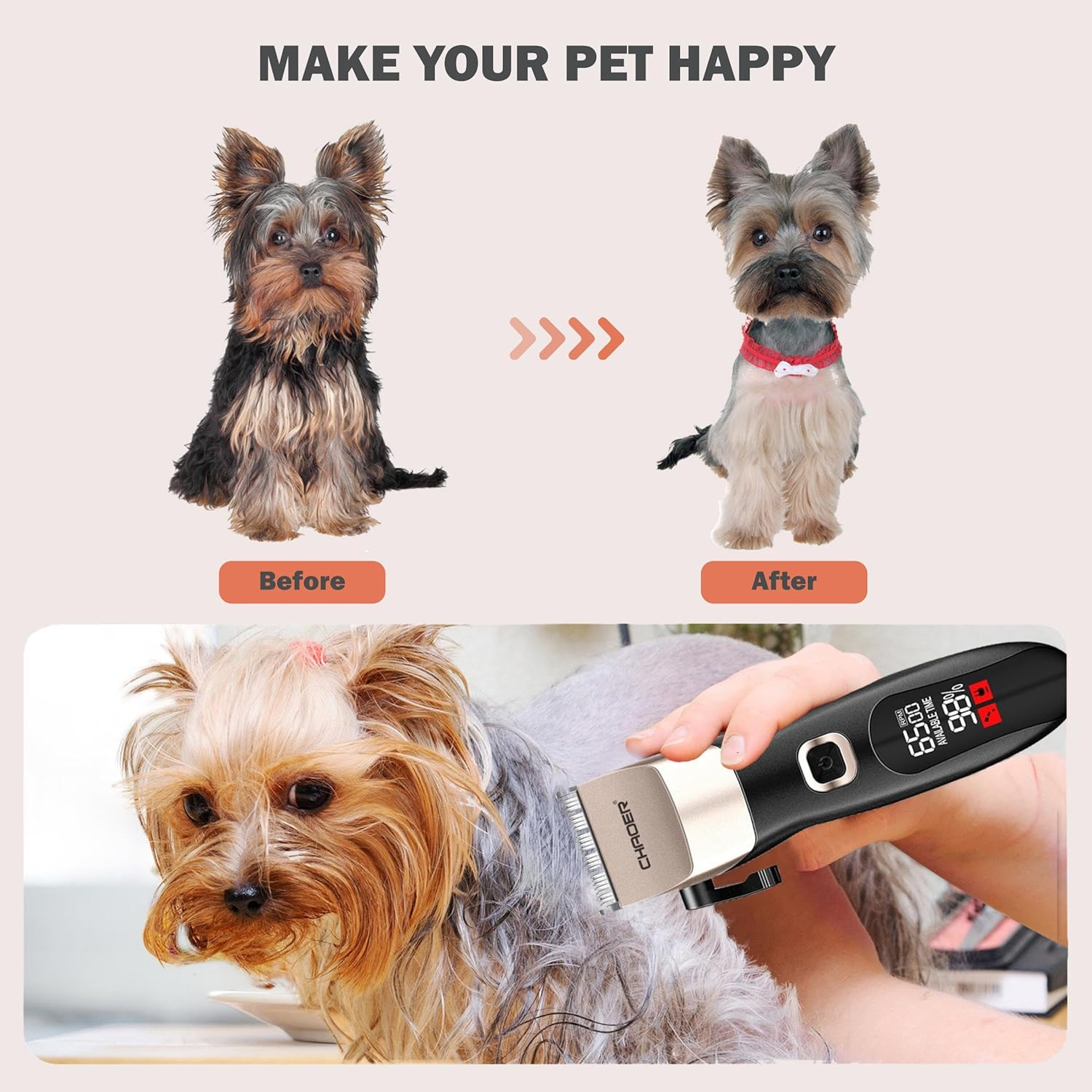 Dog Clippers for Grooming with LCD Screen & 4 Combs - 4-Speed Adjustable, Low Noise Cordless Trimmer,Stainless Steel Blade for Cats/Dogs, Usb-Type-C Charging image number 1