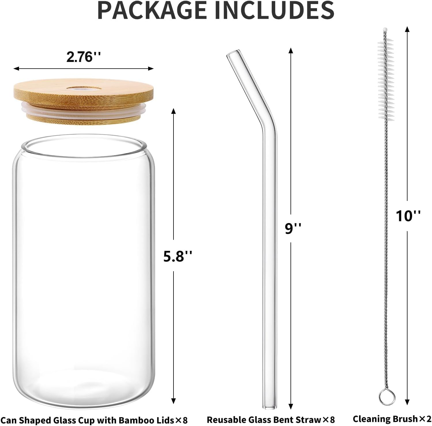 Drinking Glasses with Bamboo Lids and Glass Straw - 8Set 500Ml Can Shaped Glass Cups for Beer, Ice Coffee, Cute Tumbler Cup Great for Soda Boba Tea Cocktail Include Cleaning Brushes image number 1