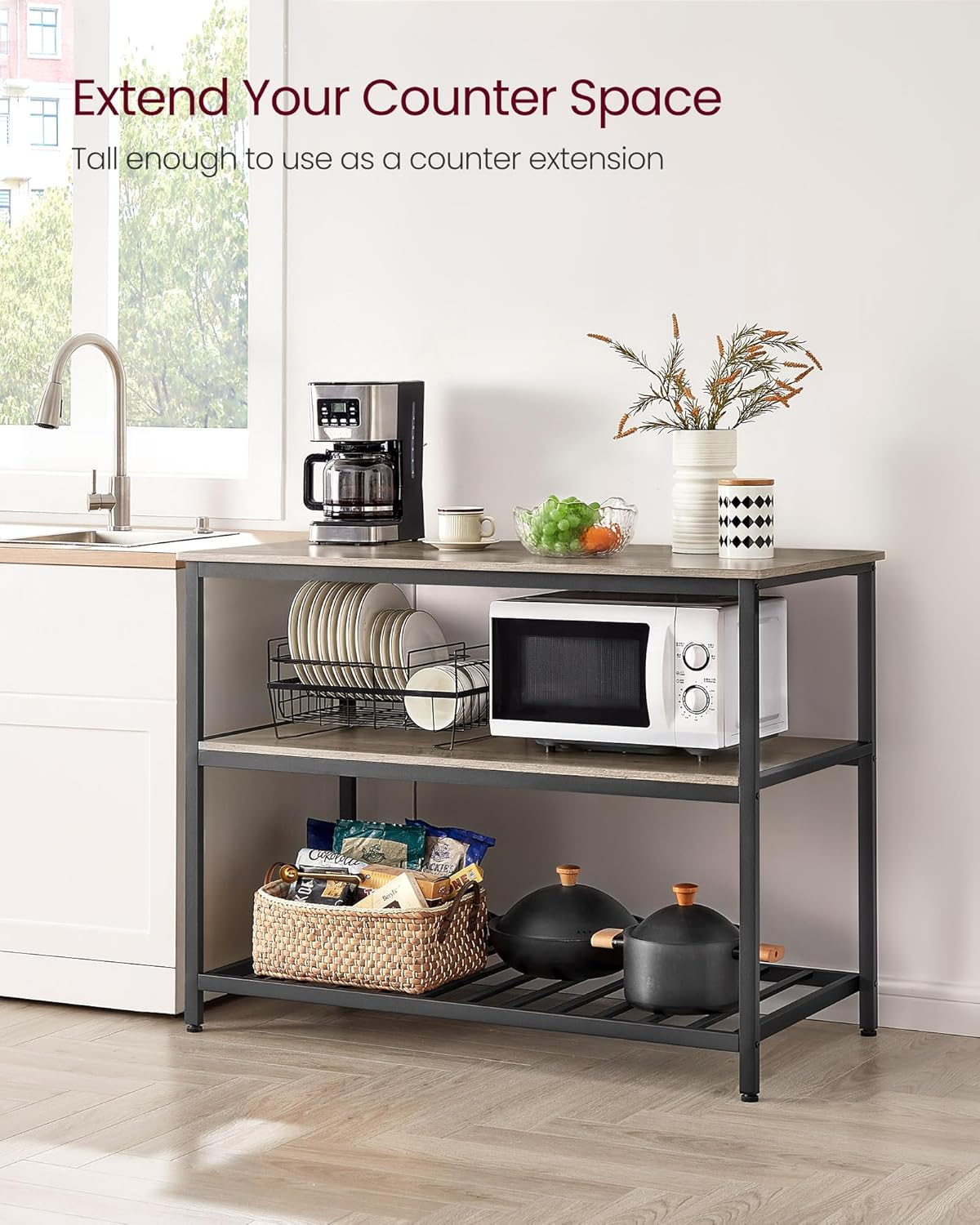 VASAGLE Kitchen Island with 3 Shelves, 47.2 Inches Kitchen Shelf with Large Worktop, Stable Steel Structure, Industrial, Easy to Assemble, Greige and Black UKKI001B02 image number 1